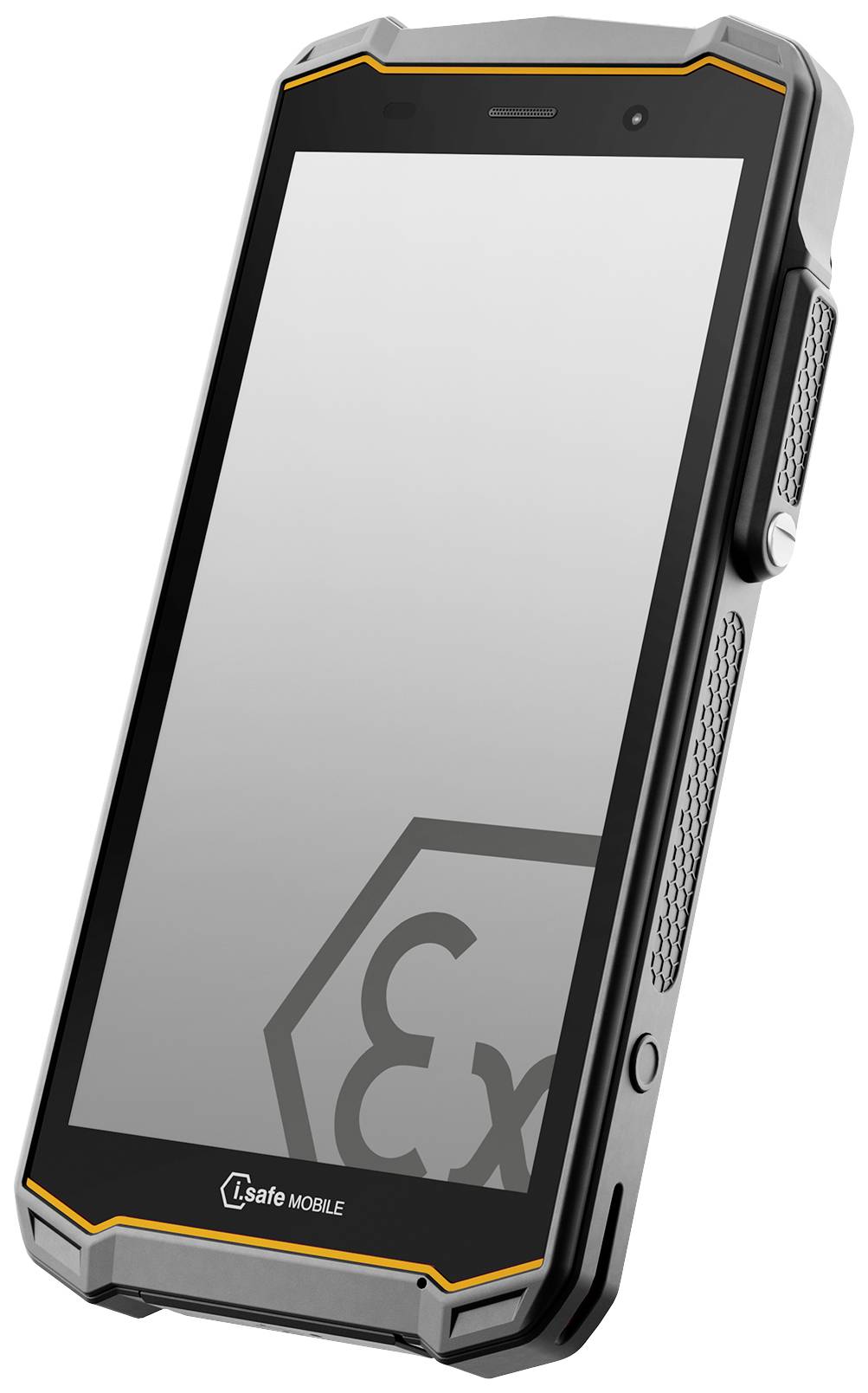 Robustný smartfón s vystuženým krytom a bočným tlačidlom, vhodný pre použitie v prostredí s nebezpečenstvom výbuchu.