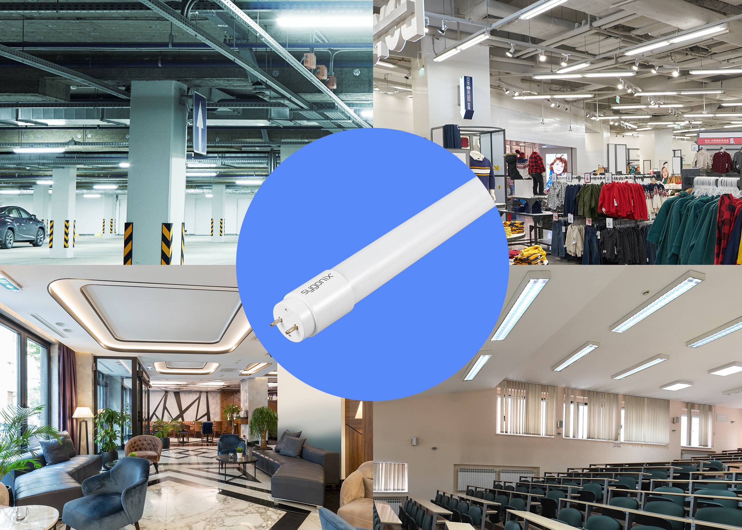 LED svetelná tyč v modrom kruhu, obklopená obrázkami zobrazujúcimi rôzne svetelné aplikácie v obchodoch, kanceláriách a parkovacích domoch.