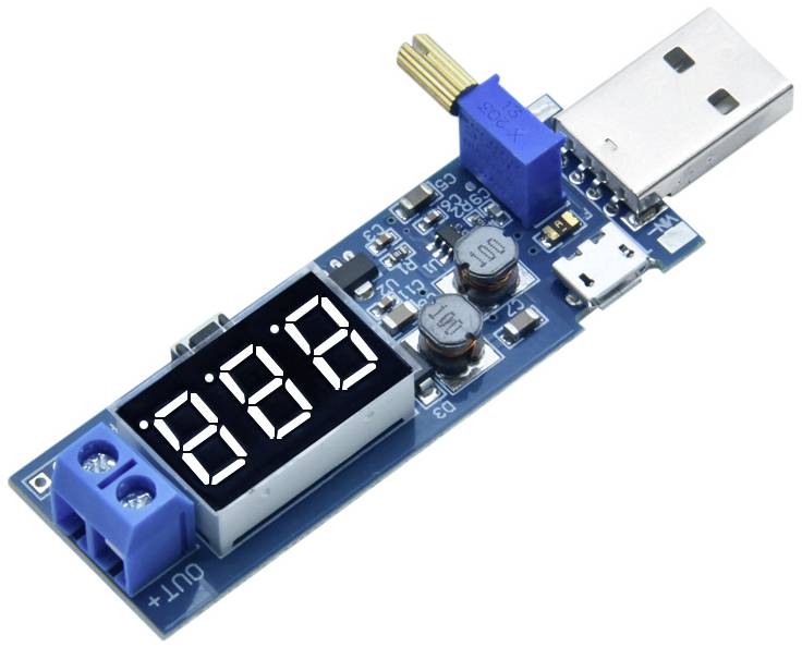 USB wattmeter s digitálnym displejom na meranie napätia a prúdu, modrá doska, zobrazuje '5.03'.