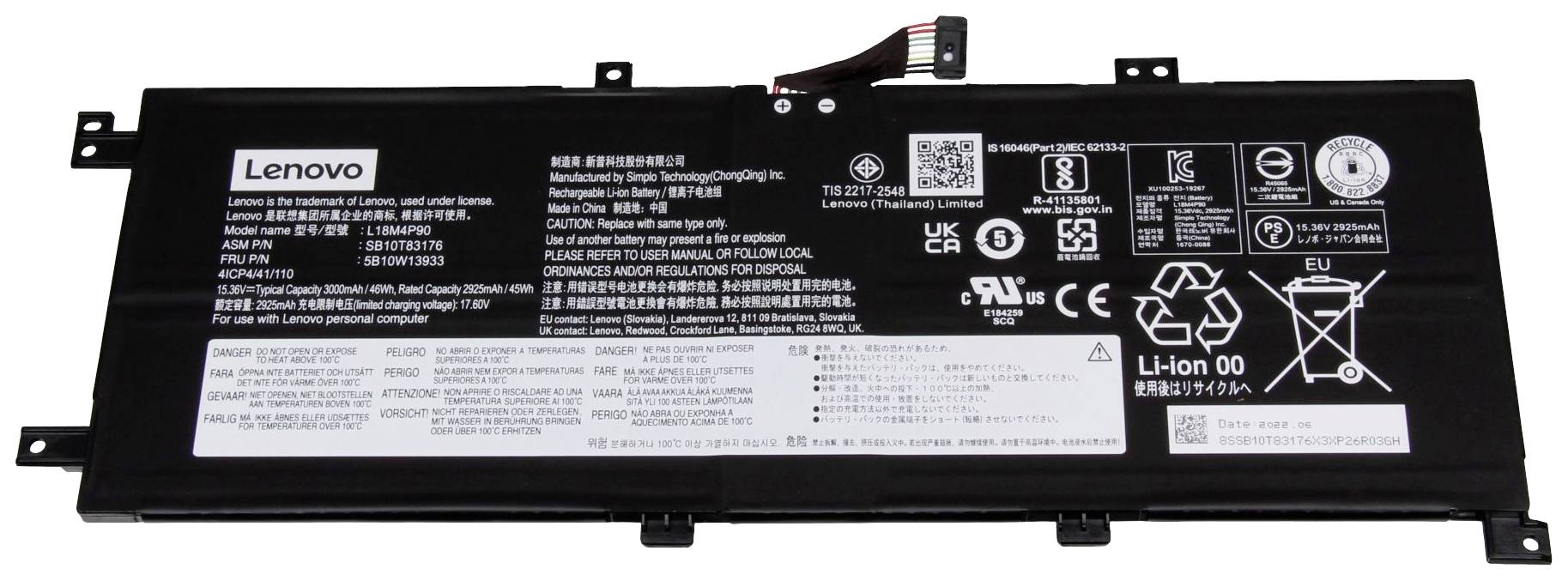 Batéria do notebooku s logom Lenovo, technickými údajmi a výstražnými upozorneniami. Obdĺžnikový čierny tvar s pripájacím káblom hore.