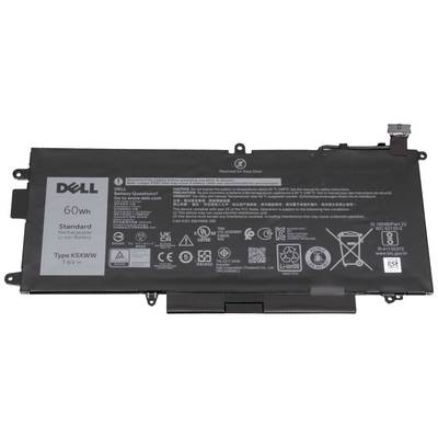Batéria do notebooku Dell, 60 Wh, nabíjateľná, typ K5XWW, 7,6 V, s etiketami, logom značky, technickými a výstražnými informáciami.