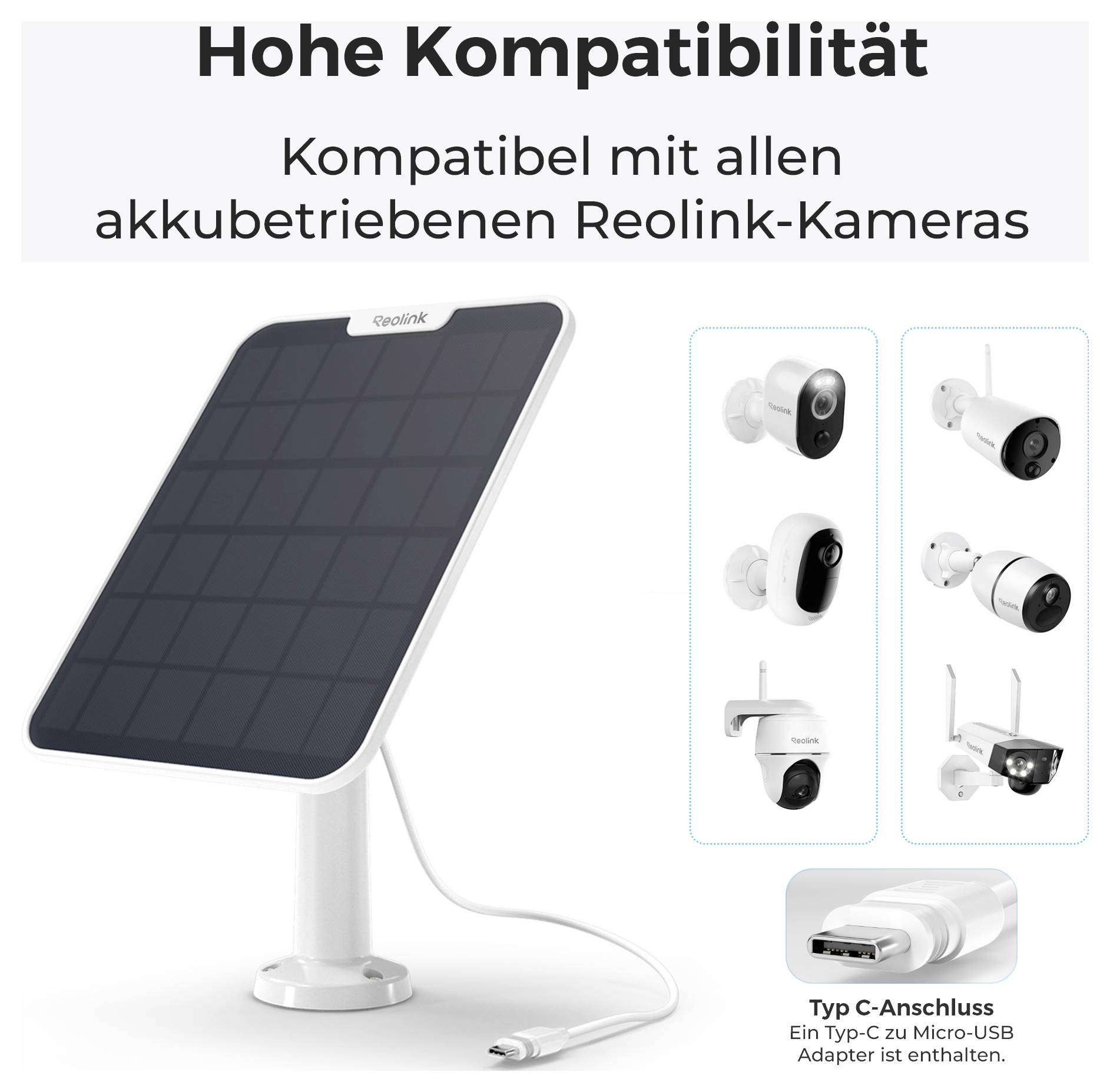 Solárny panel kompatibilný so všetkými batériovo napájanými kamerami Reolink; vrátane adaptéra z USB-C na Micro-USB. Zobrazené rôzne obrázky kamier.