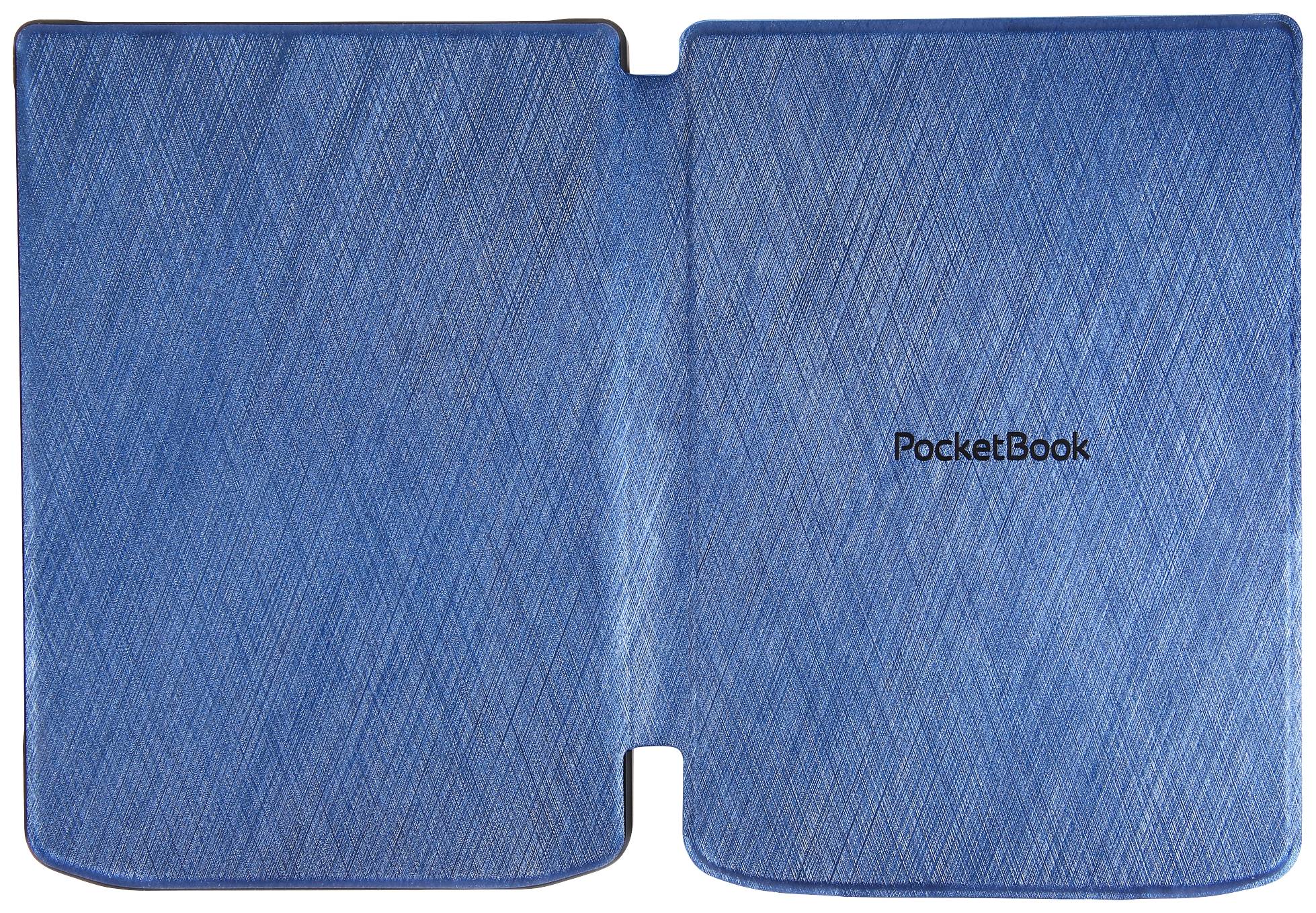 Modrý obal PocketBook, otvorený, s textúrovaným povrchom.