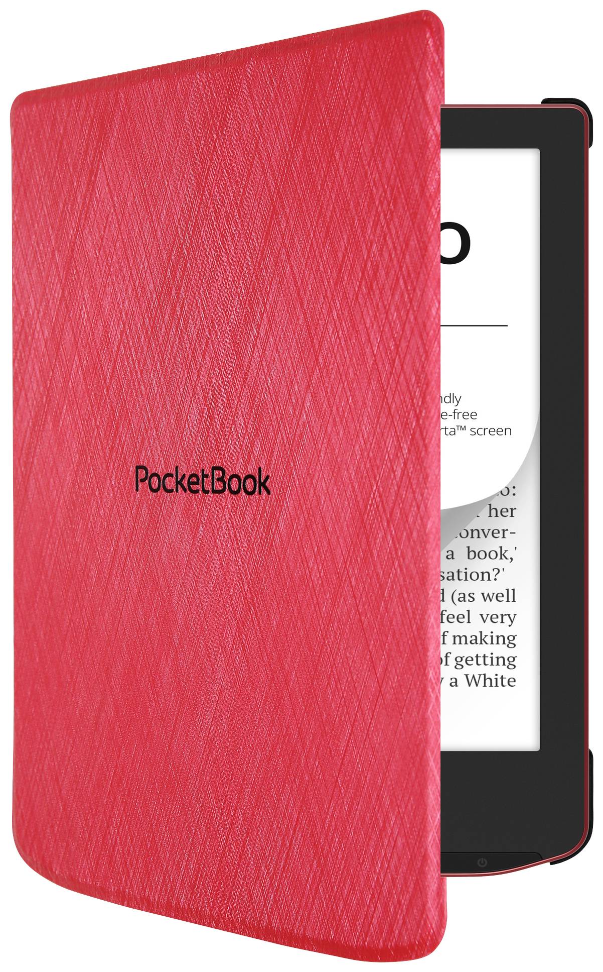 Červený elektronický čítač s čiastočne otvoreným obalom, zobrazujúci úryvok textu na obrazovke. Na obale je viditeľná značka 'PocketBook'.