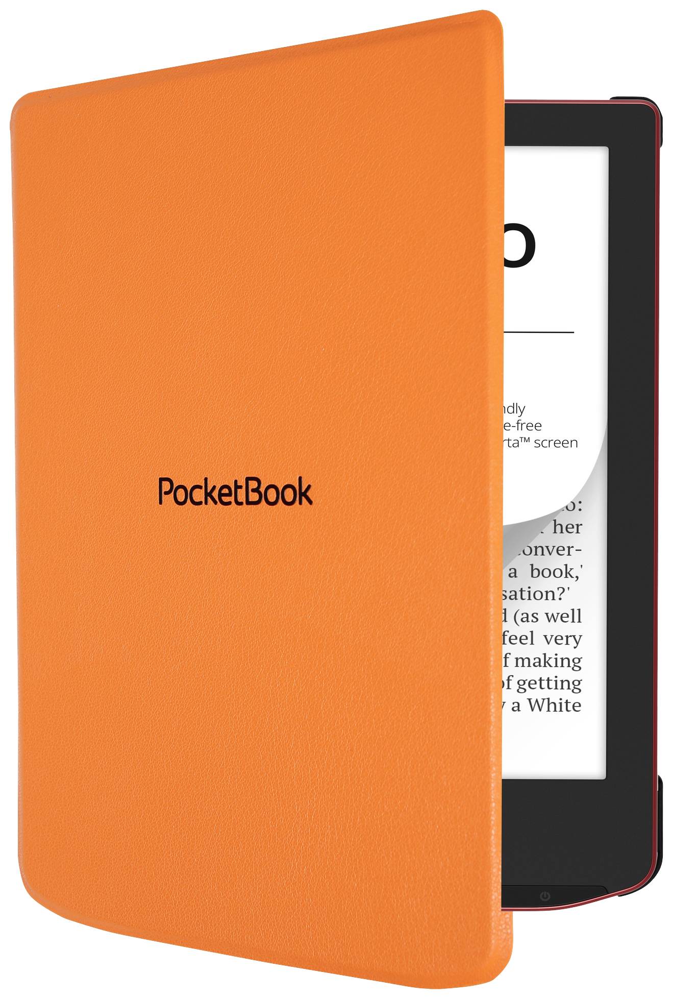 Oranžový e-čítačka s čiastočne otvoreným obalom. Na obrazovke je viditeľný text, obal nesie nápis 'PocketBook'.