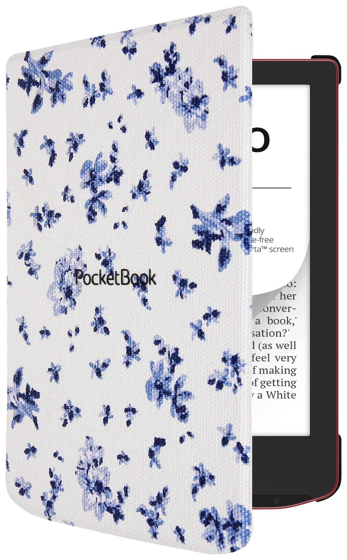 E-čítačka v bielom obale s modrým kvetinovým vzorom, čiastočne otvorená, zobrazuje text na displeji. Viditeľný je značkový názov 'PocketBook'.