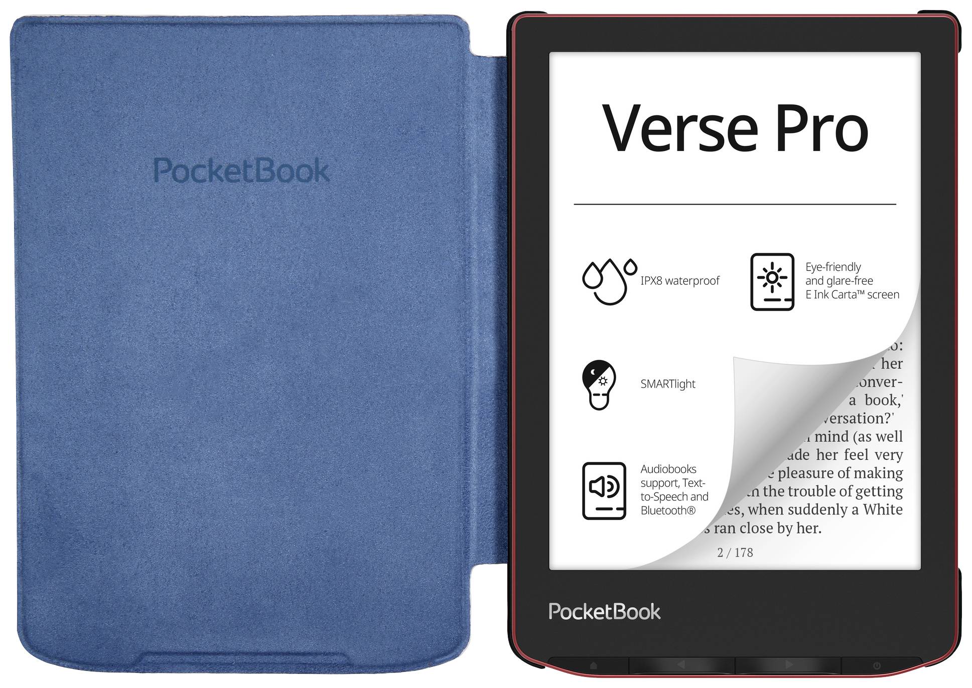 Elektronická čítačka kníh 'PocketBook' s otvoreným modrým ochranným obalom. Na obrazovke sa zobrazuje text a symboly s funkciami, ako je vodotesnosť.