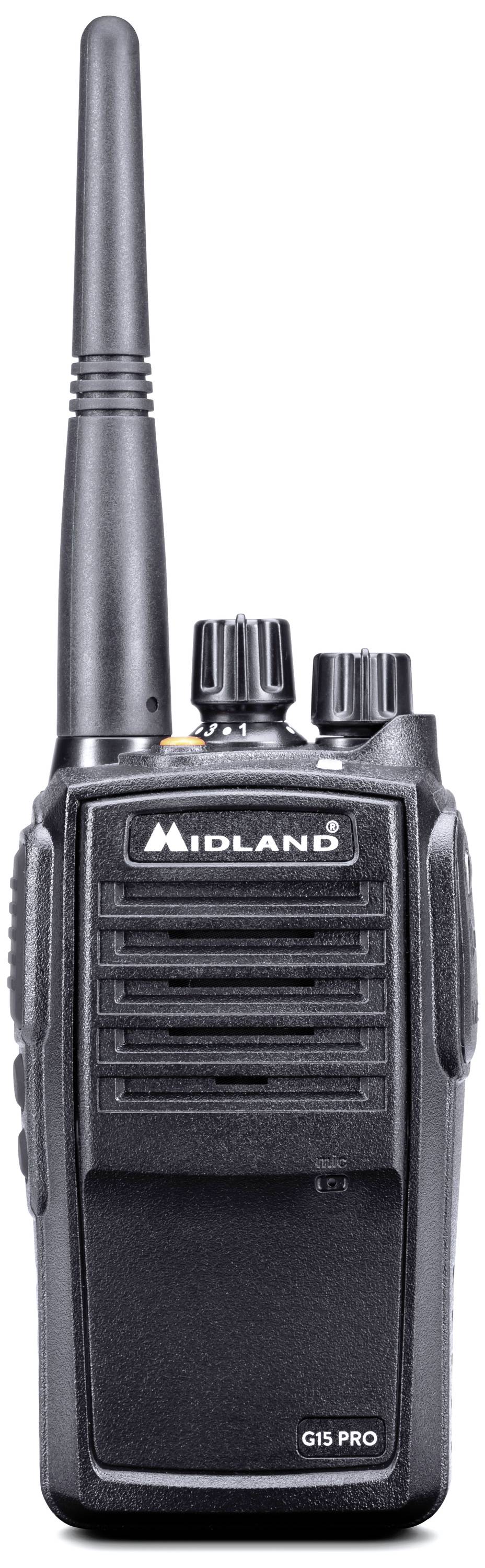 Čierna ručná vysielačka s anténou a rôznymi ovládacími tlačidlami. Na prednej strane je napísané 'MIDLAND G15 PRO'.