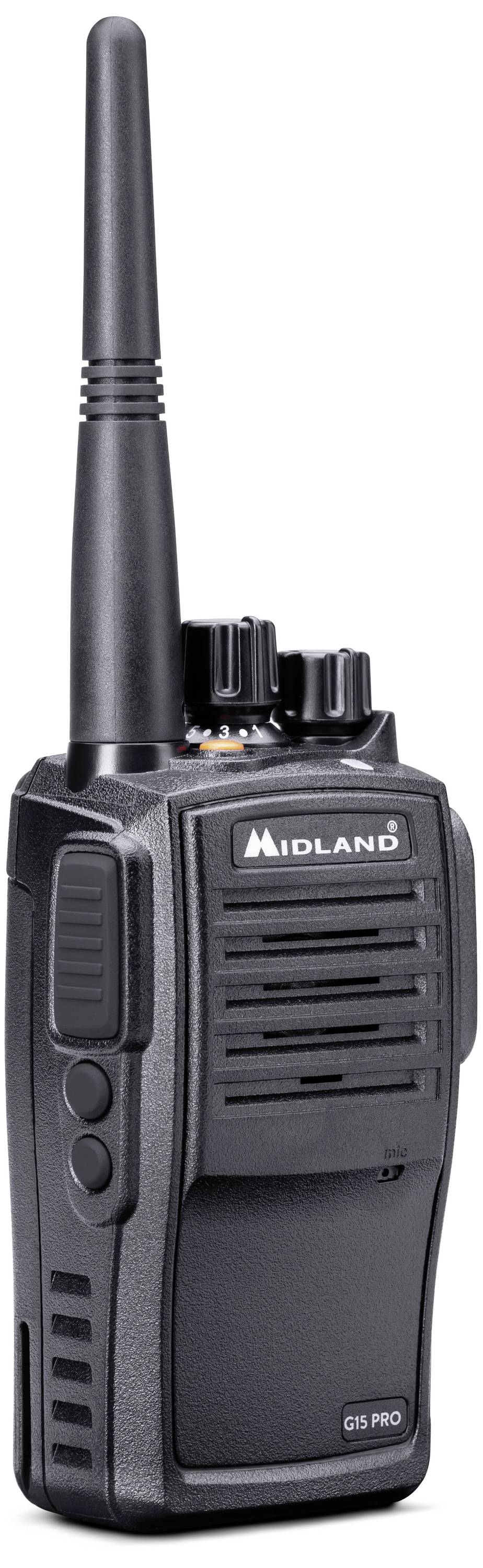 Čierna prenosná rádiostanica s anténou, ovládacími tlačidlami a nápisom 'Midland' na prednej strane.