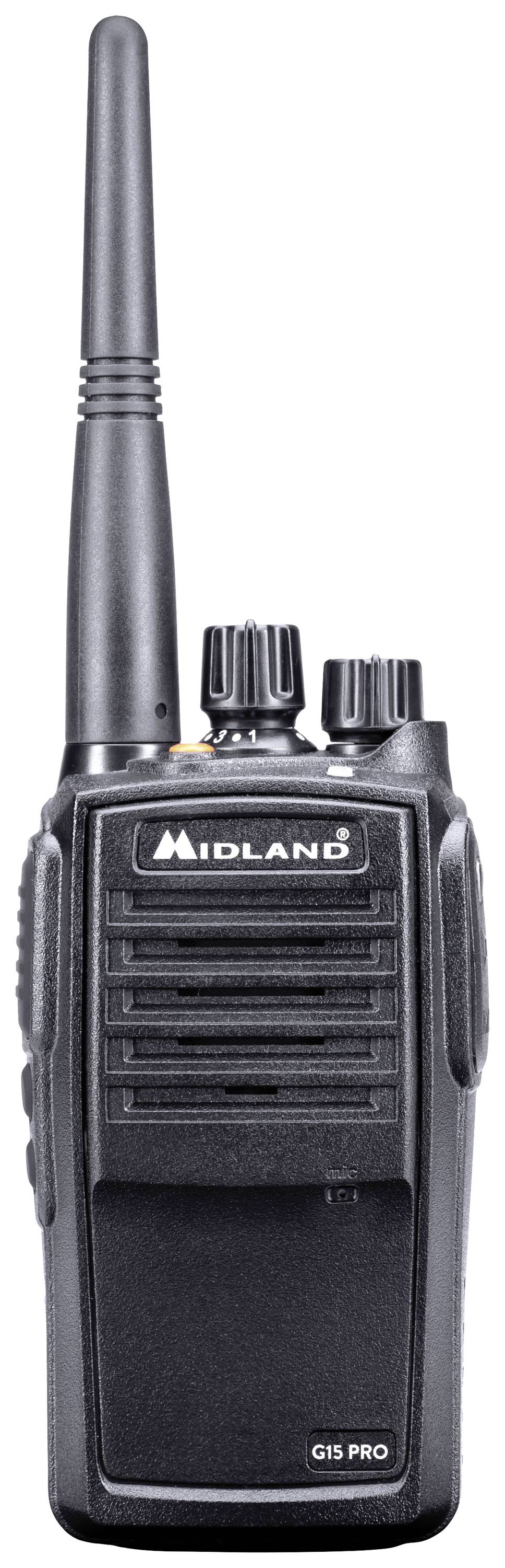 Čierne vysielačky s anténou, regulátorom hlasitosti a logom 'Midland' na prednej strane.