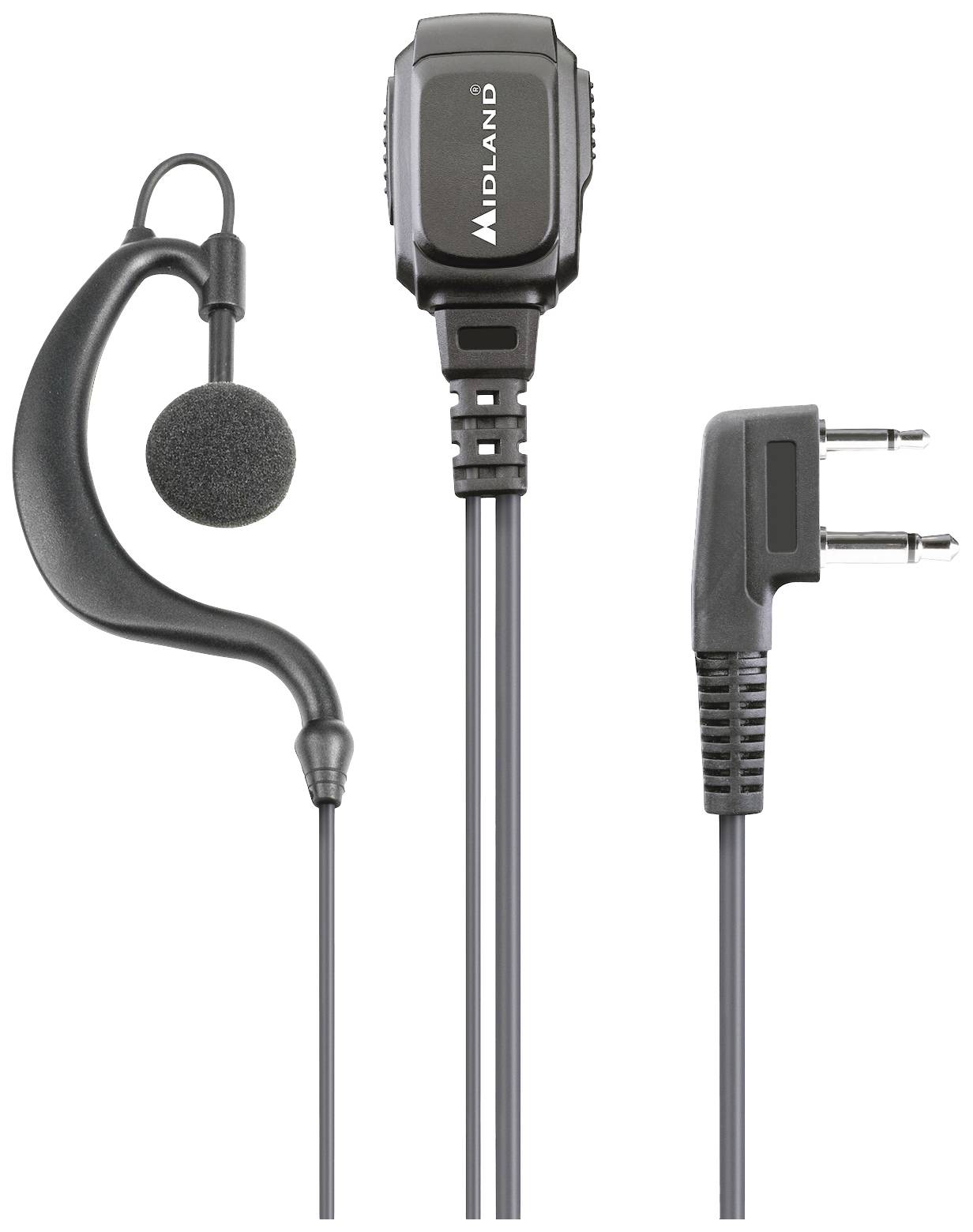 Headset so slúchadlami a mikrofónom, prepojený káblom s dvojitou zástrčkou. Značkový názov 'Midland' viditeľný na mikrofonnej svorke.