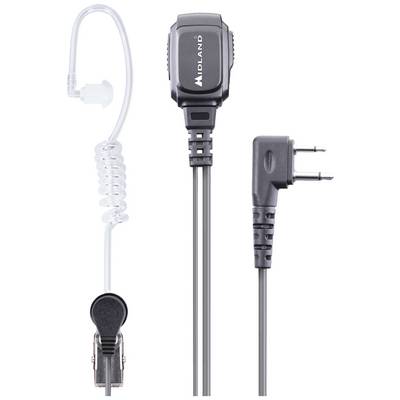 Na obrázku je čierna headset súprava s priehľadným špirálovým káblom a slúchadlom, vhodná pre rádiové zariadenia. Vpravo je vidieť dva-pinový konektor.