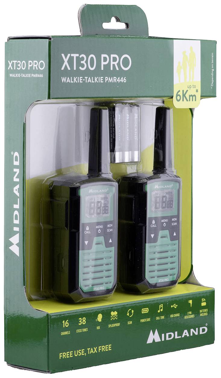 Balenie vysielačiek XT30 Pro PMR446 s dvoma zariadeniami, dosah až 6 km, 16 kanálov, dizajn v zeleno-čiernej farbe.