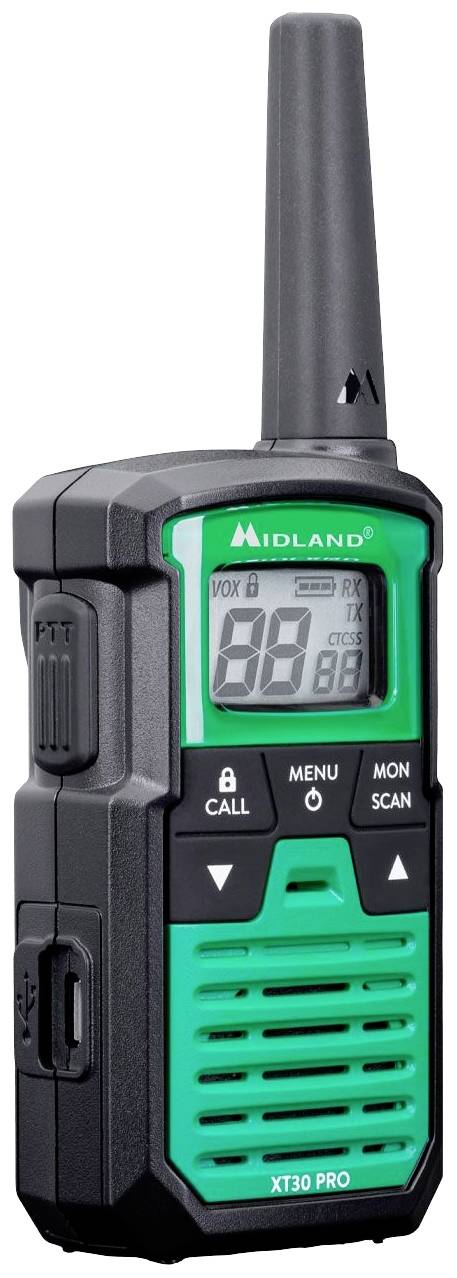 "Midland XT30 Pro" Vysielačka v čiernej a zelenej farbe s displejom, tlačidlami pre ovládanie menu, volanie a vyhľadávanie.