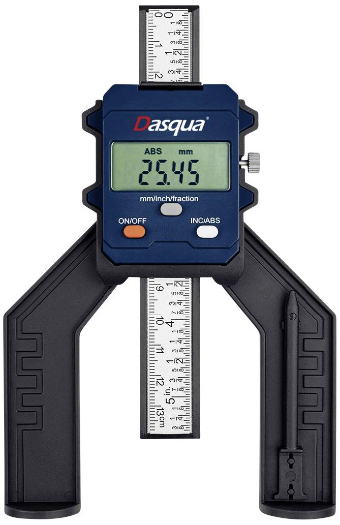Digitálne meradlo zobrazuje 25,45 mm na displeji a používa sa na presné meranie v milimetroch alebo palcoch.