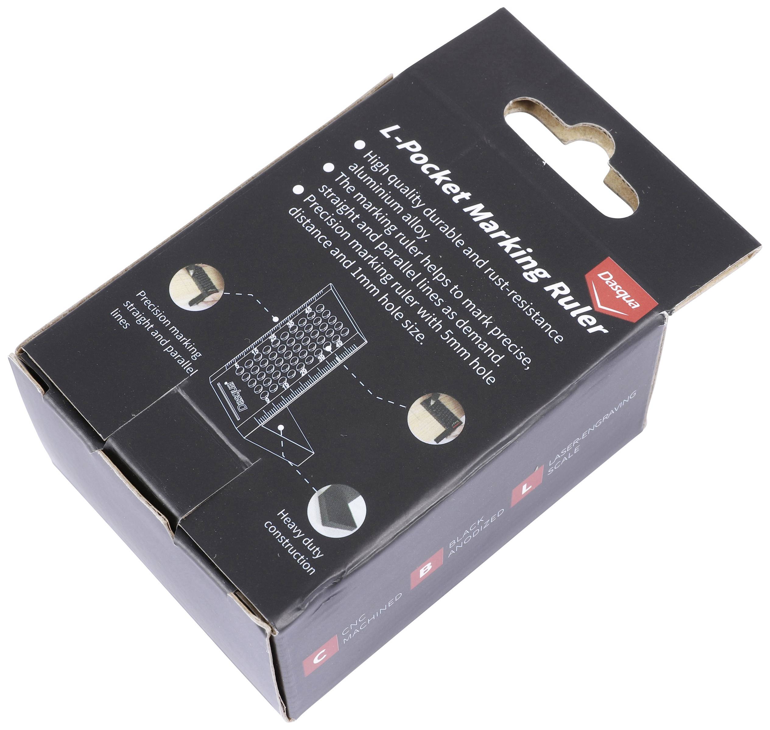 Čierne balenie pravítka 'L-pocket Marking Ruler' s obrázkom produktu a textovými popismi funkcií.