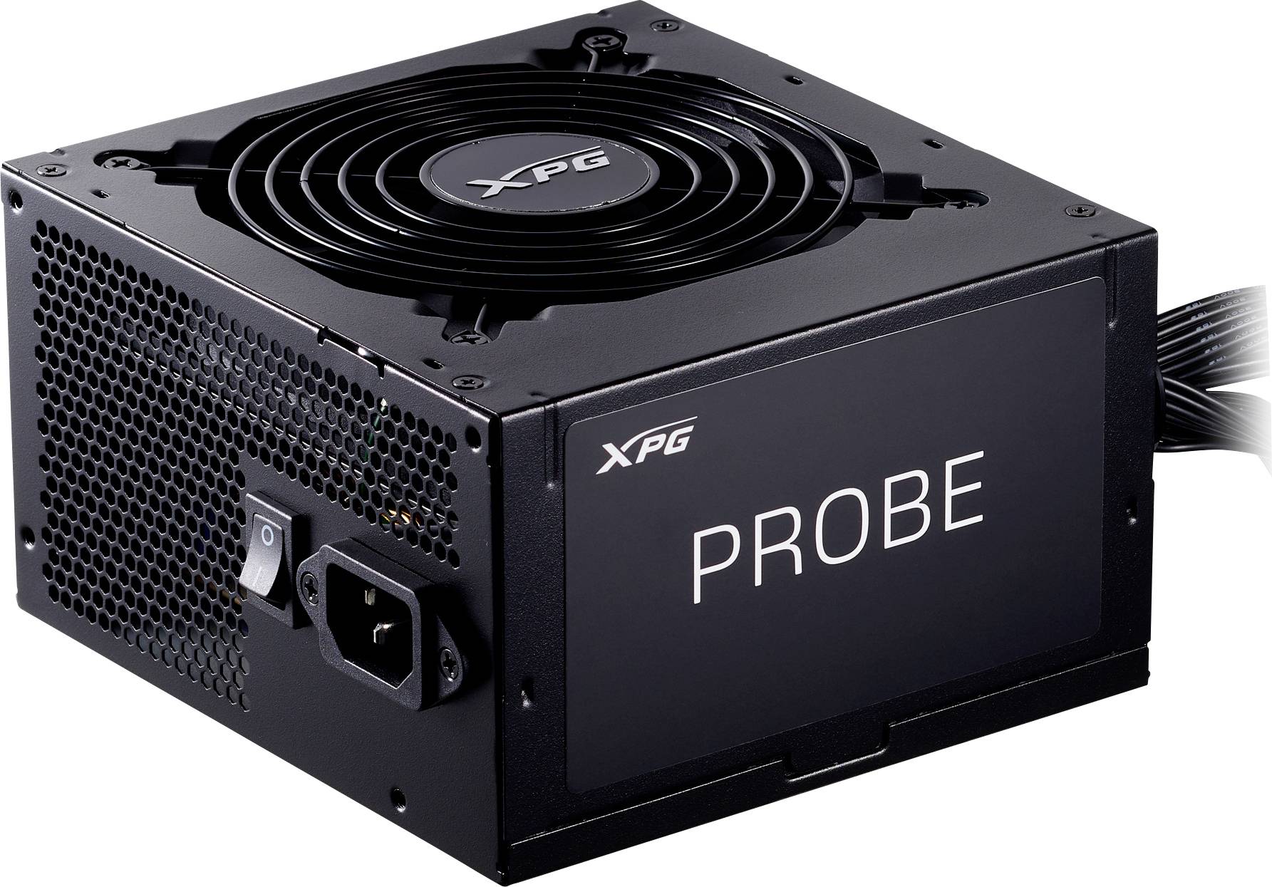 Čierna počítačová napájacia jednotka značky XPG s ventilátorom a nápisom 'PROBE' na boku.