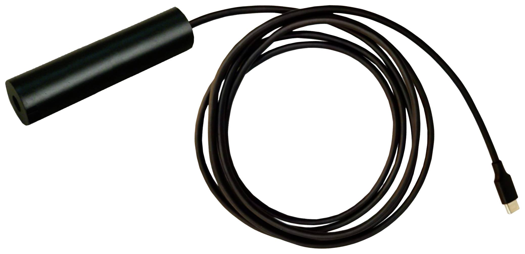 Čierne cylindrické mikrofón s dlhým káblom a USB pripojením, vhodné pre audio nahrávky alebo videokonferencie.