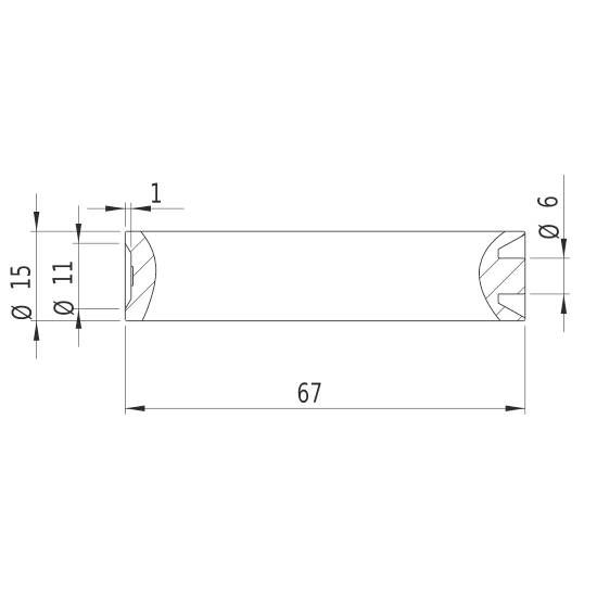 Technický výkres valcovitej súčiastky. Priemer: 15 mm, dĺžka: 67 mm, menšie priemery úsekov: 11 mm a 6 mm.
