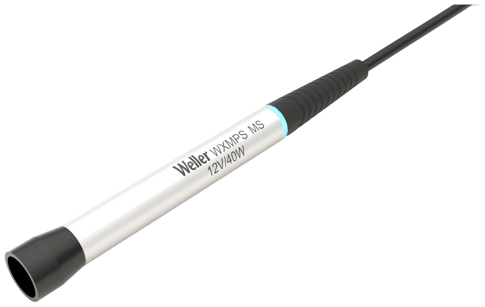 Spájkovačka s nápisom 'Weller WXMP MS 12V/40W' je znázornená. Zariadenie má čiernu rukoväť a kovový kryt.