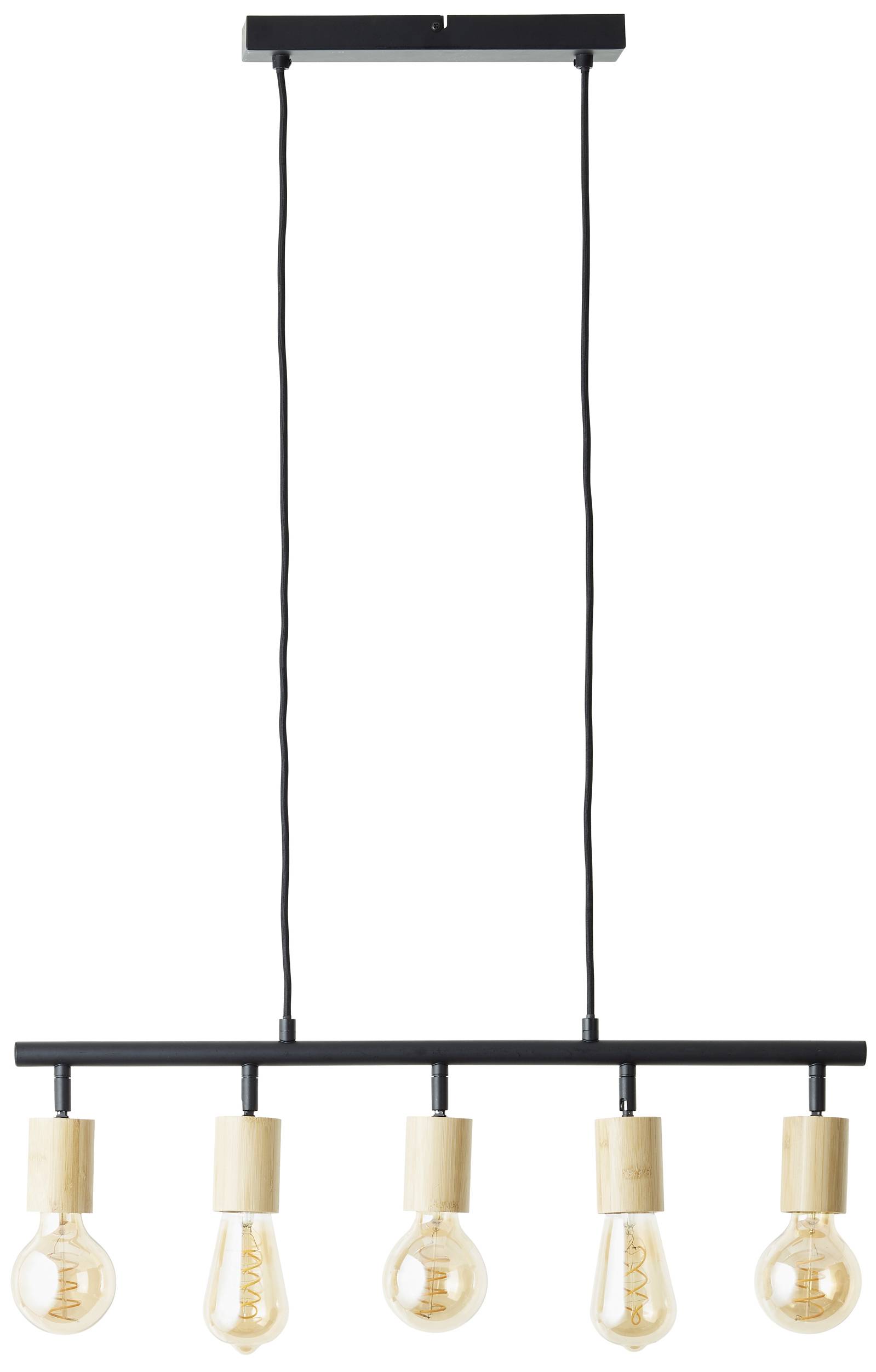 Závesná lampa s piatimi žiarovkami v jednej línii; čierne výstuhy a drevené prvky; moderný dizajn.