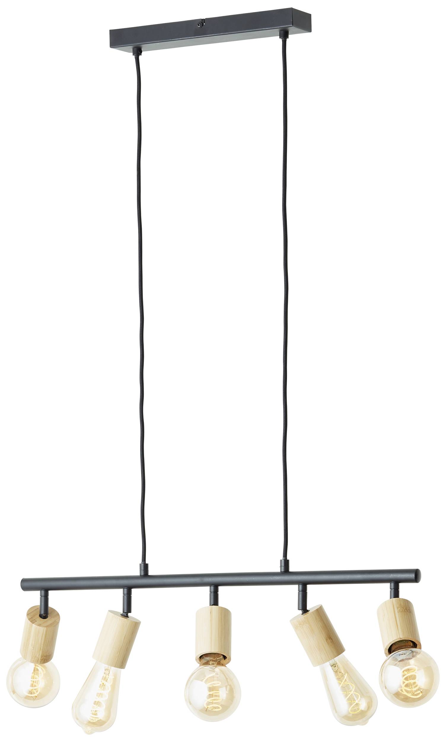 Závesné svietidlo s piatimi žiarovkami, drevenými objímkami a čiernymi káblami. Moderný dizajn, ideálny do jedálne alebo kuchyne.