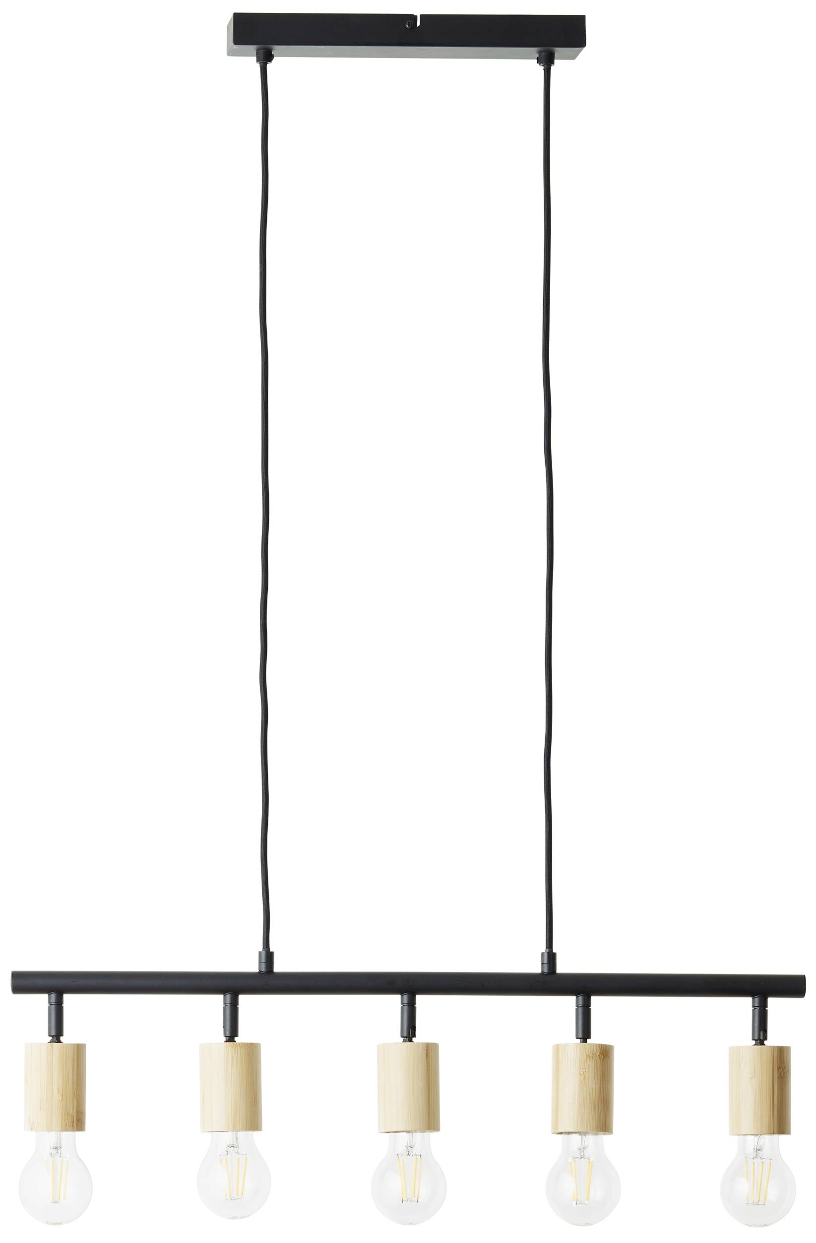 Závesné svietidlo s piatimi žiarovkami na čiernom, obdĺžnikovom ráme. Drevené prvky spájajú objímky s konštrukciou.