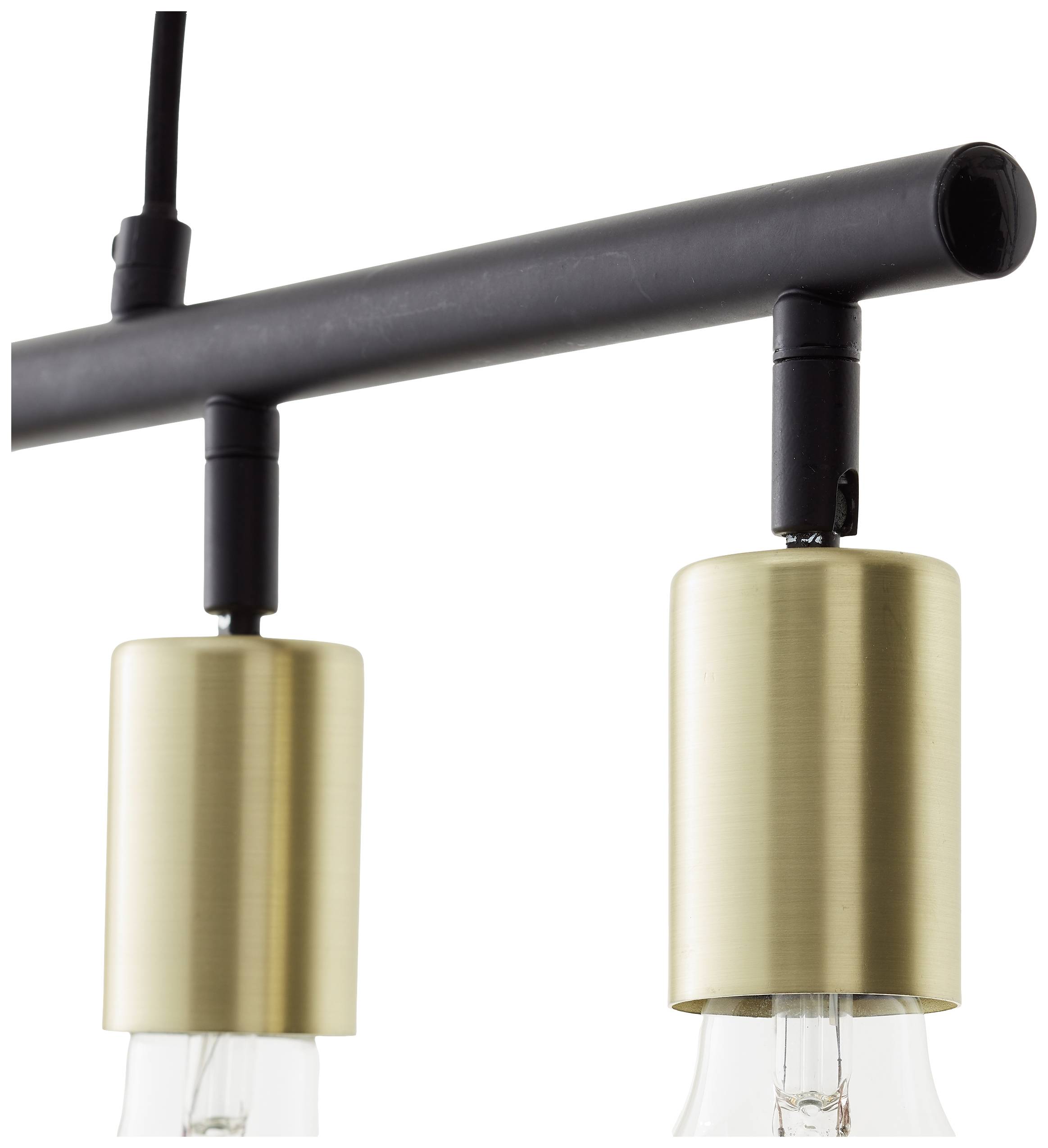 Dva závesné svetelné zdroje s valcovitými, zlatými objímkami, upevnené na čiernej konzole.