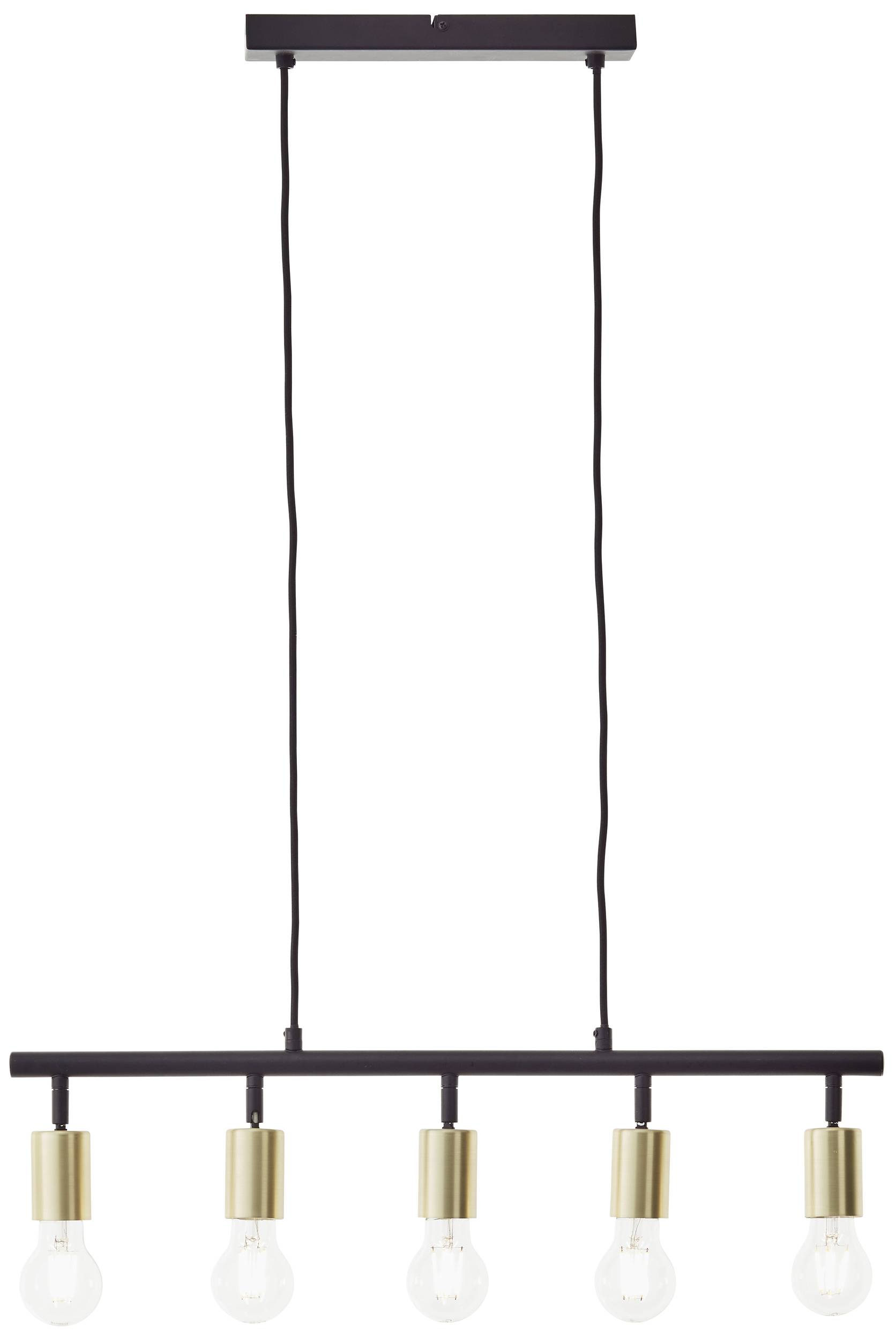 Čierna závesná lampa s piatimi žiarovkami, ktoré visia z kovovej tyče so zlatými objímkami.