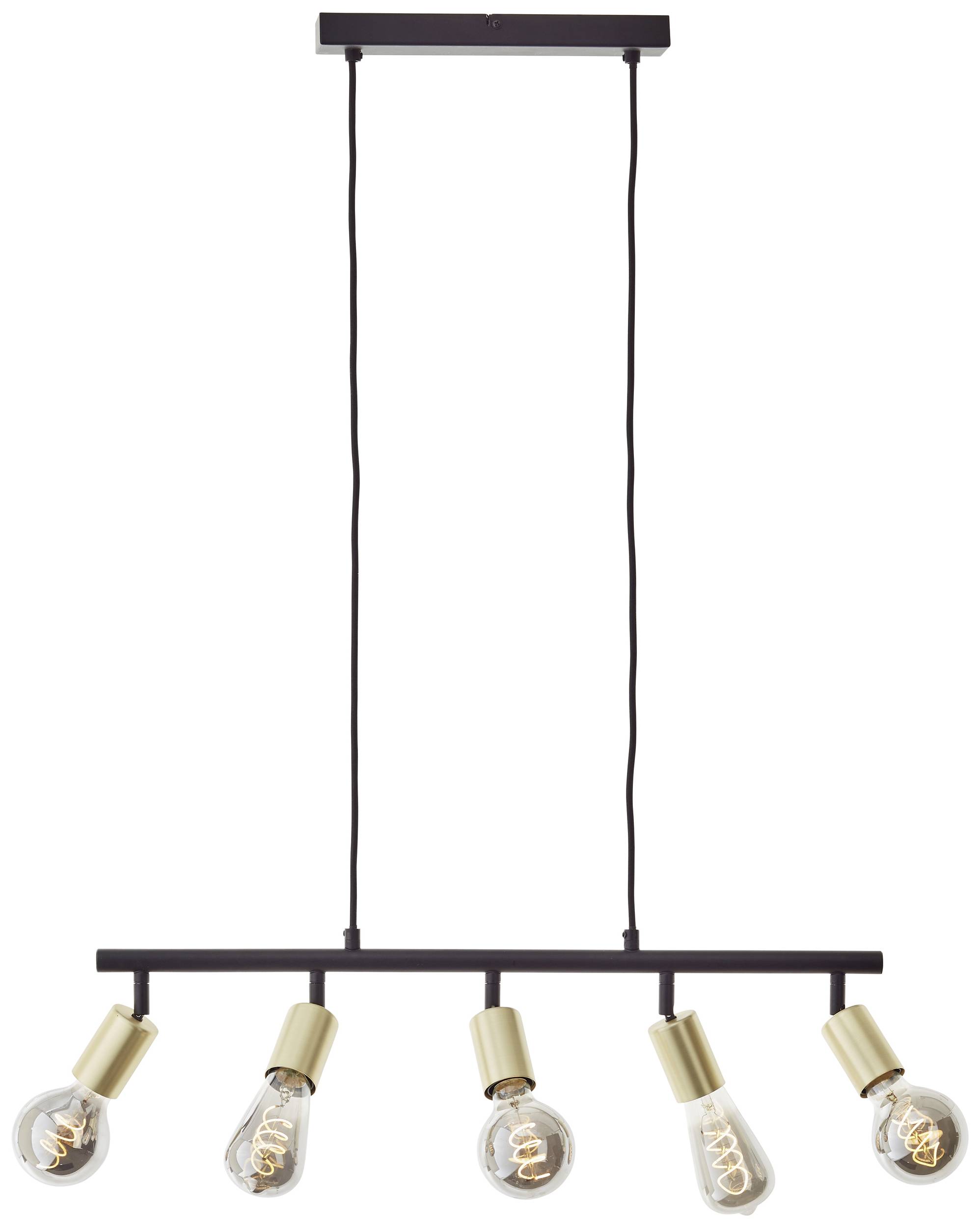 Závesné svietidlo s piatimi priesvitnými žiarovkami upevnenými na horizontálnej tyči v modernom dizajne.