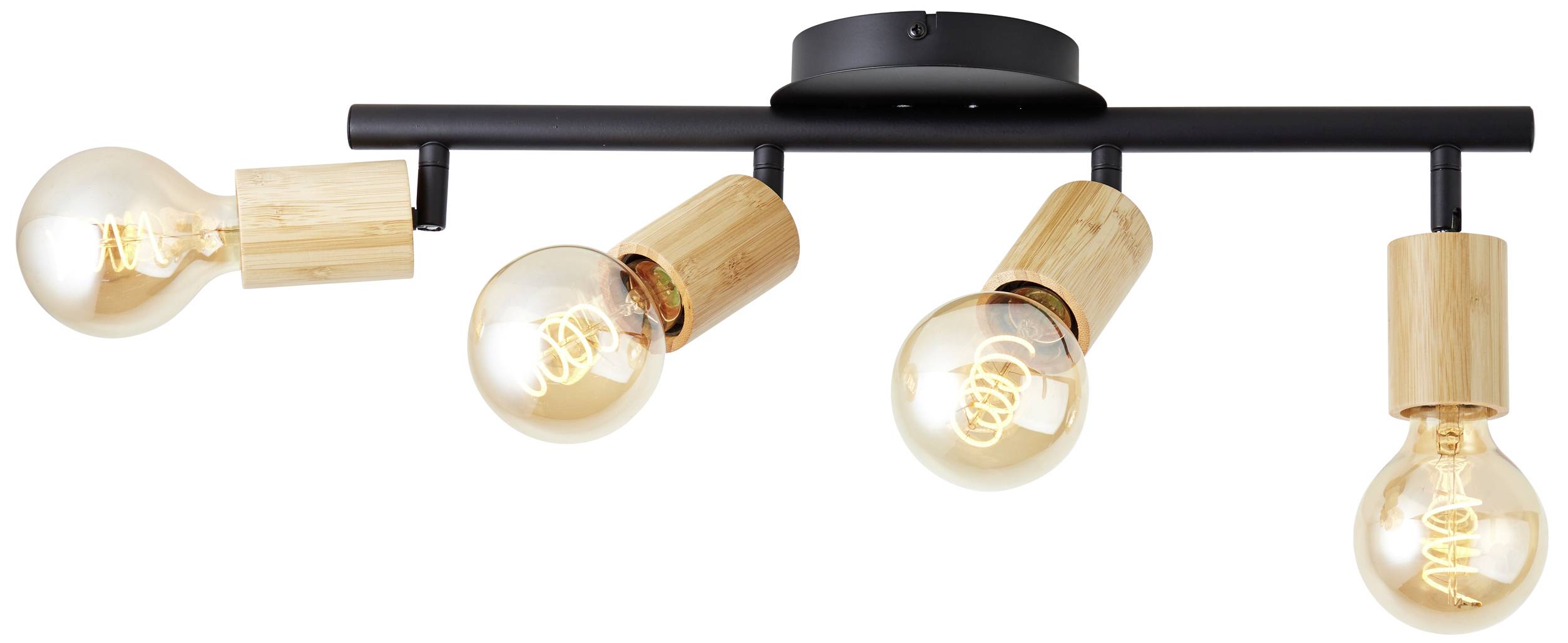 Čierne stropné svetlo so štyrmi drevenými tienidlami, ktoré štýlovo smerujú do rôznych smerov. Úsporné žiarovky svietia teplým svetlom.