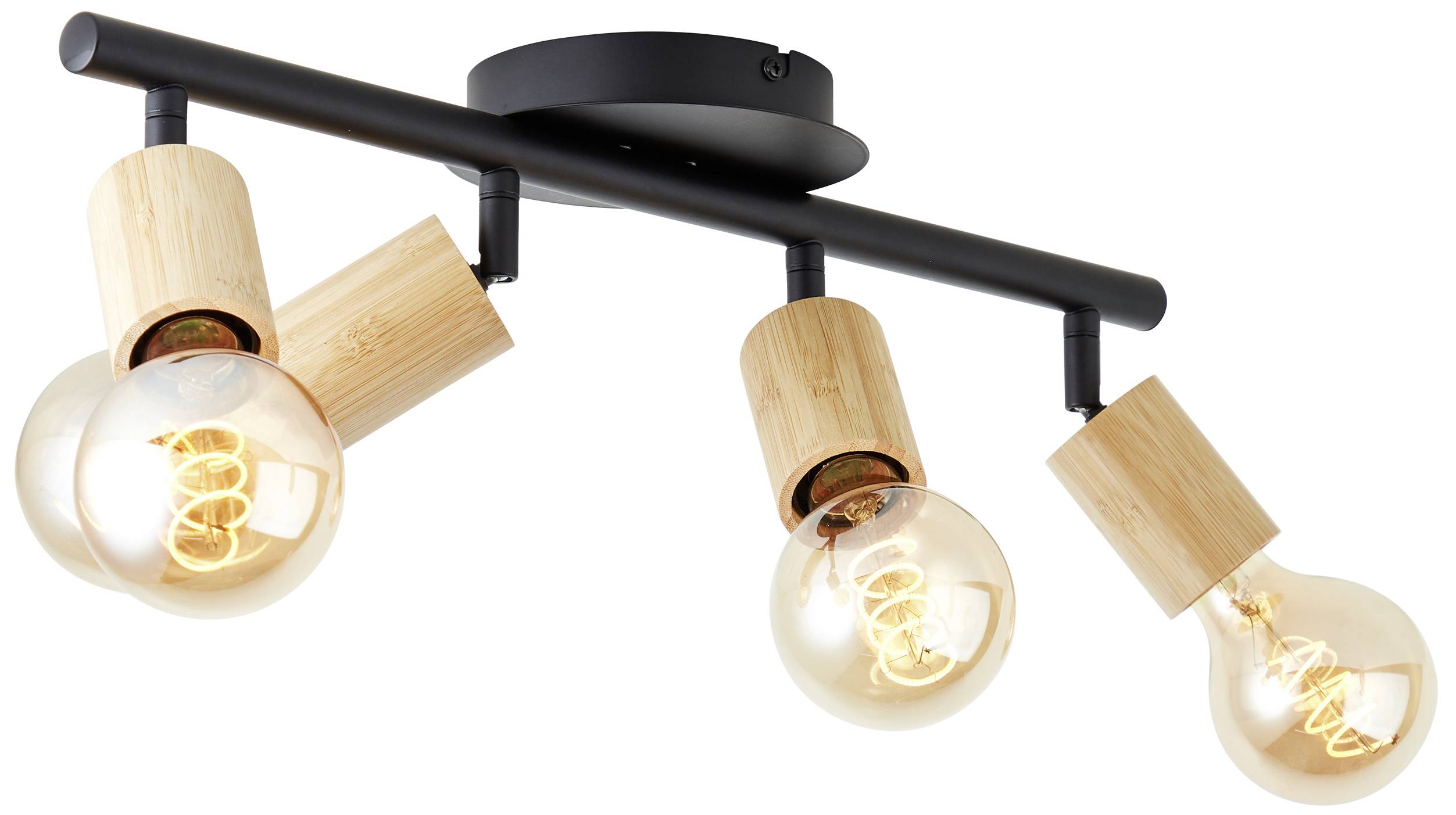 Stropné svietidlo so štyrmi žiarovkami v drevených objímkach, upevnené na čiernej kovovej tyči.