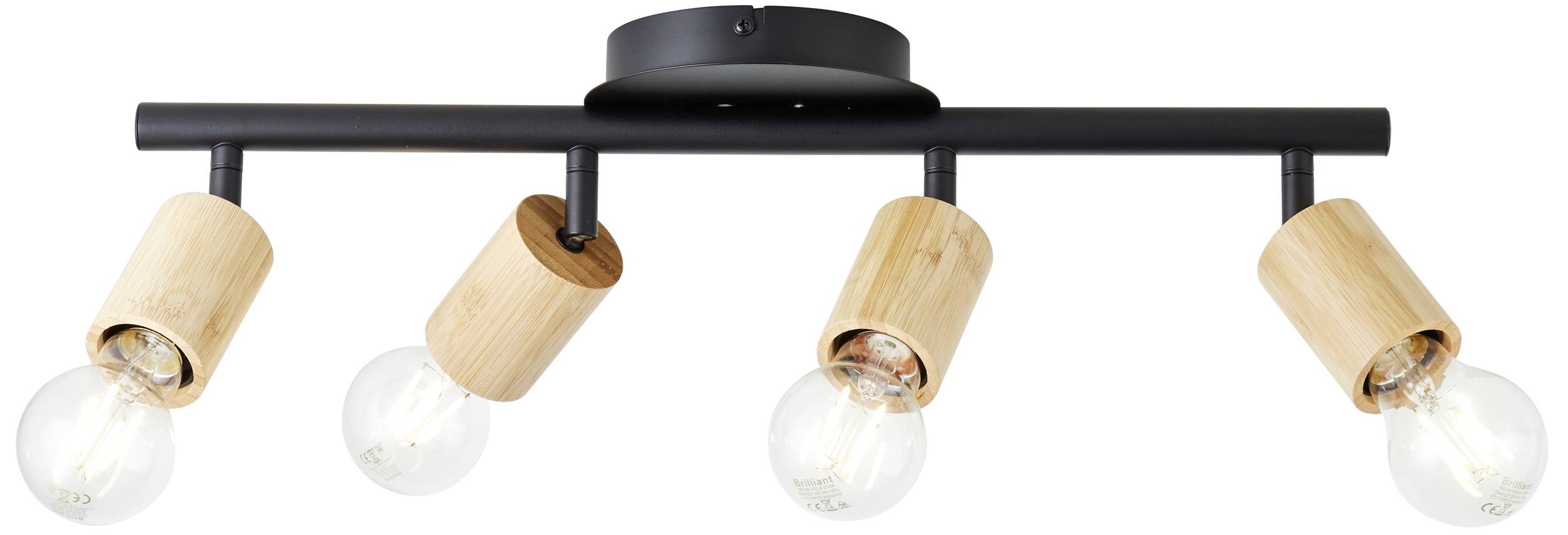 Stropné svietidlo so štyrmi drevenými objímkami a guľatými žiarovkami, upevnené v priamej línii na čiernej kovovej konzole.