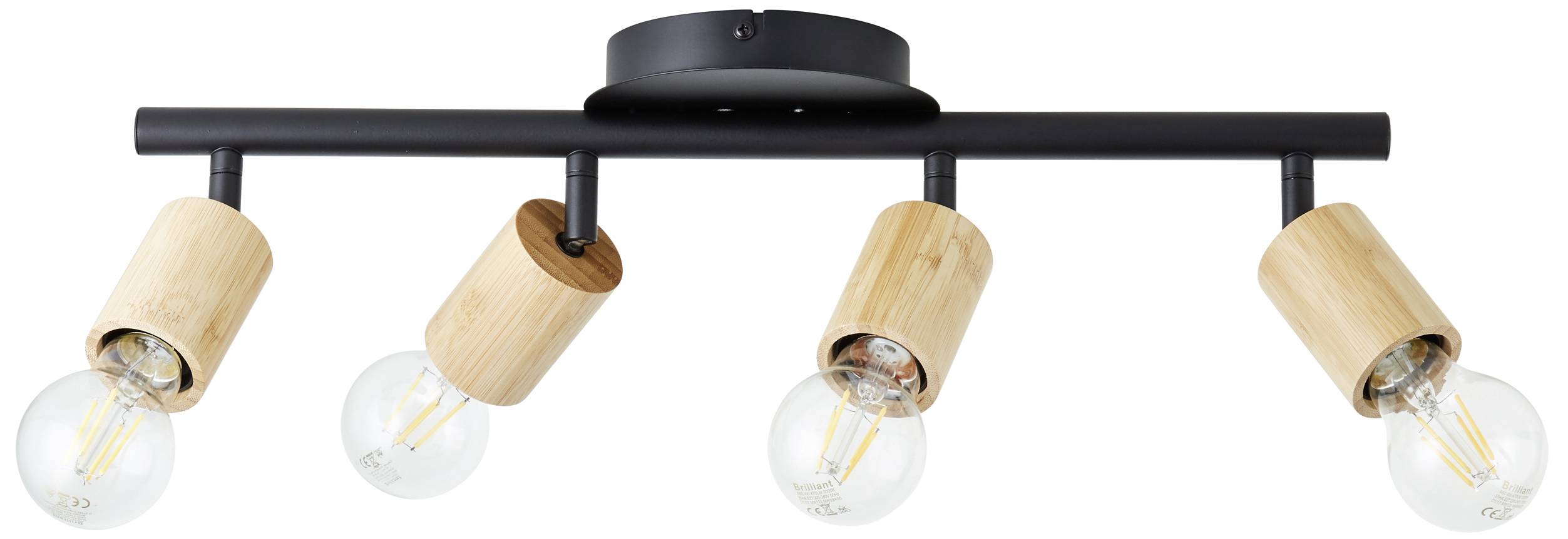 Čierne moderné stropné svetlo so štyrmi žiarovkami v drevenom ráme, umiestenými v okrúhlych objímkach, ktoré smerujú rôznymi smermi.