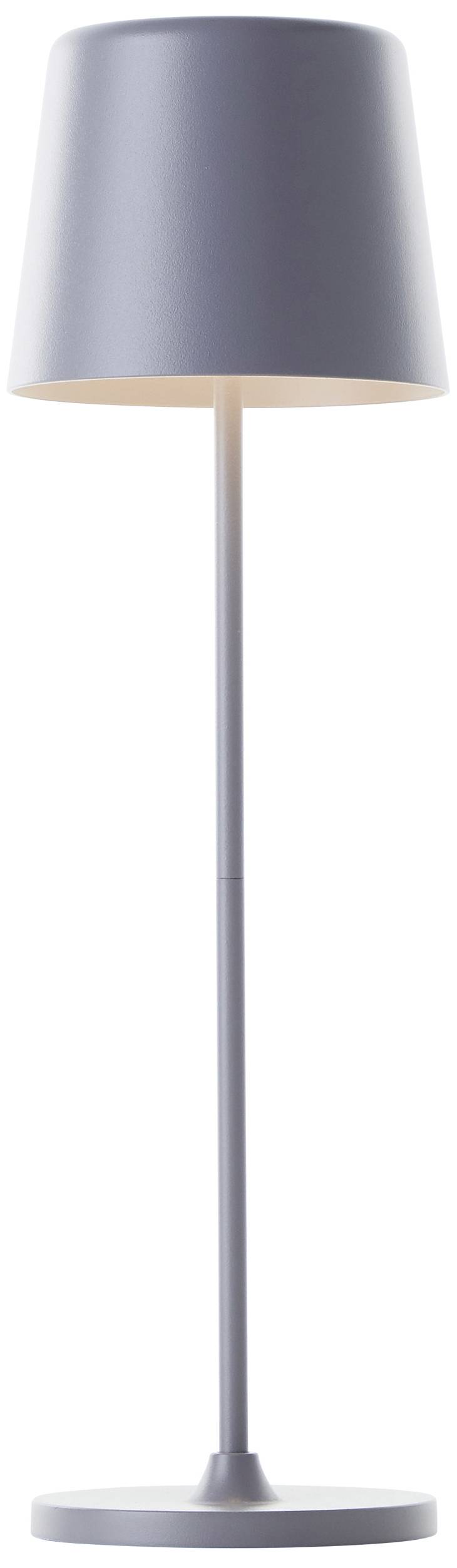 Stojaca lampa so simple, moderným dizajnom v sivej farbe. Má valcový tienidlo a priamu, štíhlu základňu.