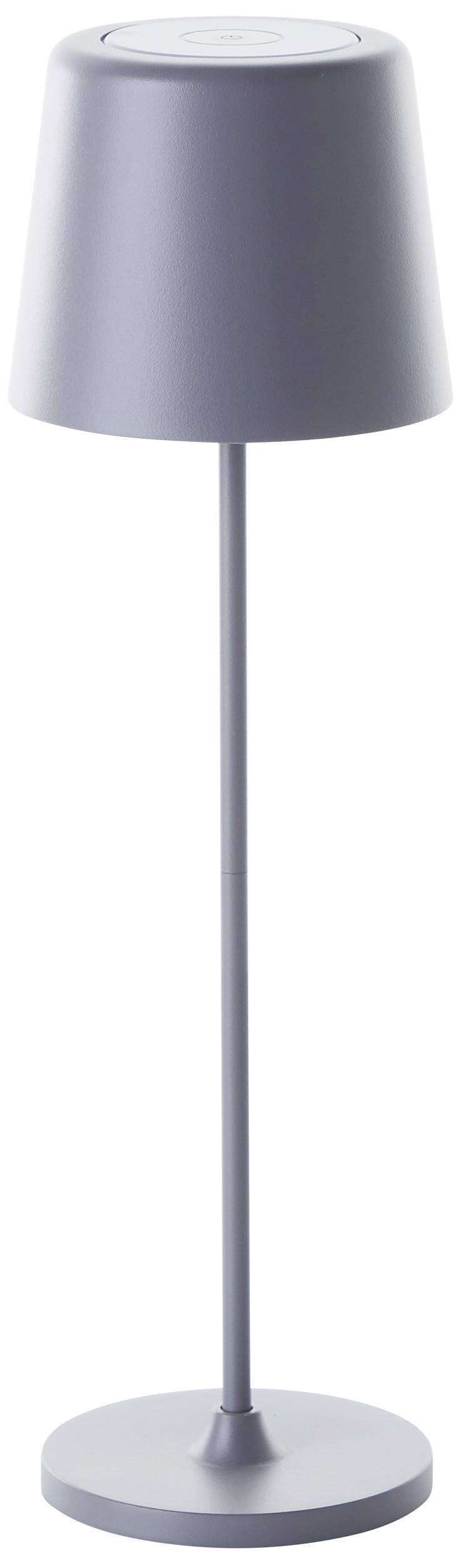 Jednoduchá, moderná stolná lampa s valcovým sivým tienidlom a štíhlou, vysokou podstavou.