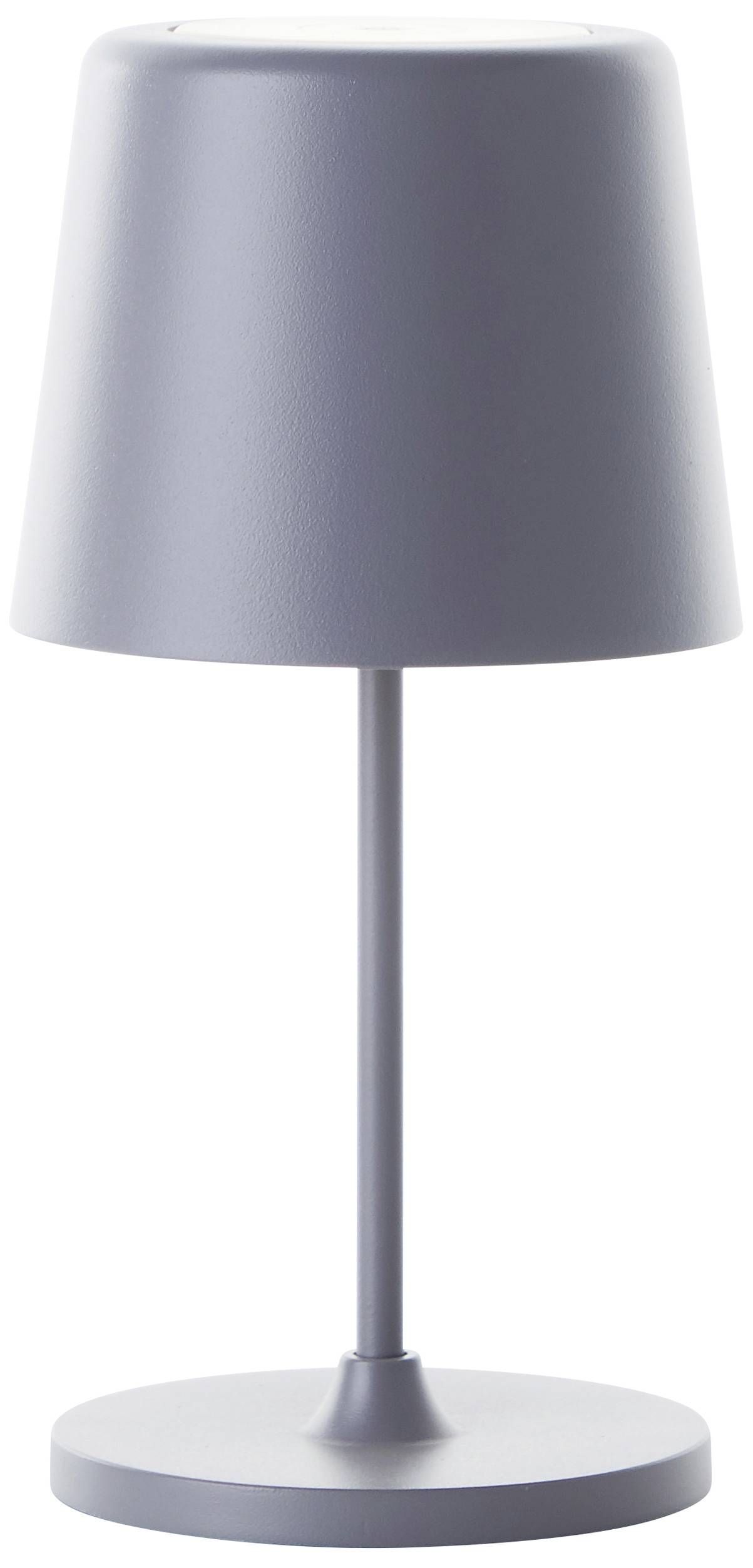 Sivá stolná lampa s jednoduchým valcovitým tienidlom a priamou tyčou na okrúhlej podstavci.