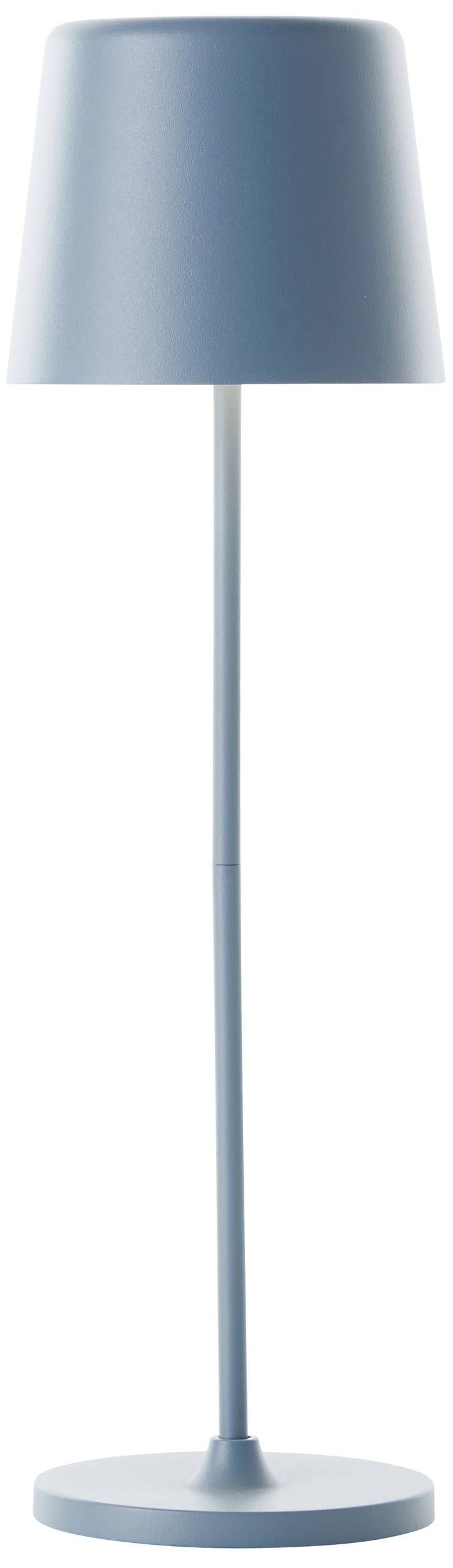 Modrá stojanová lampa s valcovým tienidlom a štíhlou nohou na okrúhlej základni.