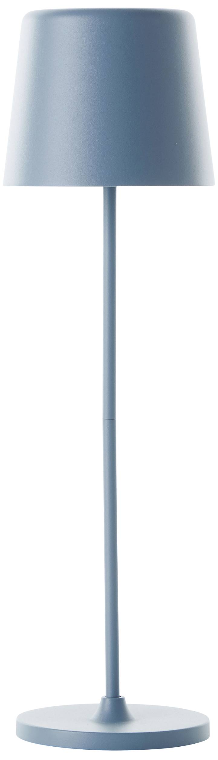 Modrá stojanová lampa s tenkým podstavcom a kónickým tienidlom. Vhodná pre moderný interiérový dizajn.