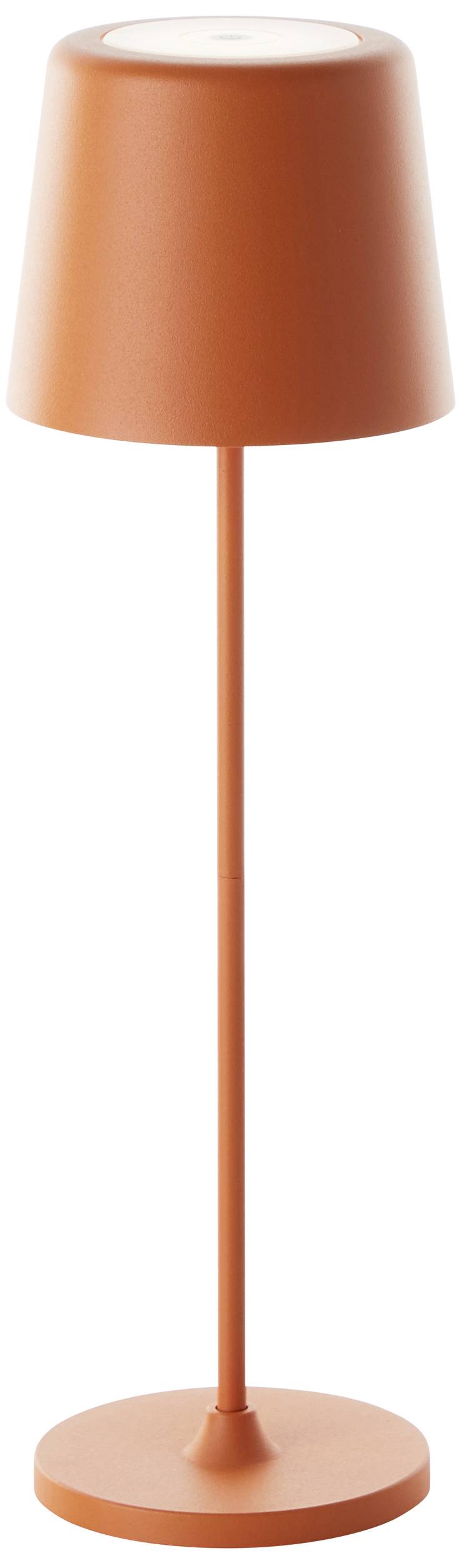 Oranžová stojanová lampa s kónickým tienidlom a štíhlou konštrukciou stojí na okrúhlom podstavci.