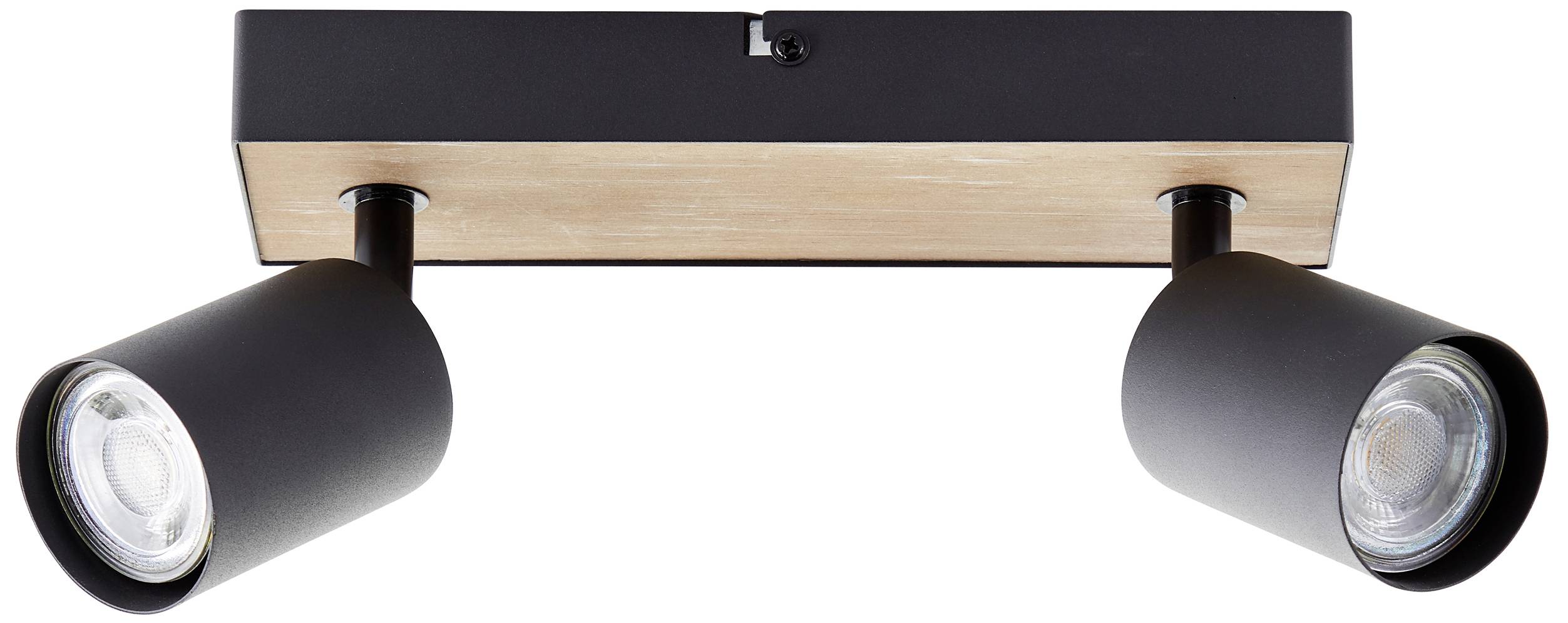 Čierne stropné svietidlo s dvoma otočnými bodovými svetlami, namontované na obdĺžnikovej drevenej doske. Moderný dizajn pre cielené osvetlenie.