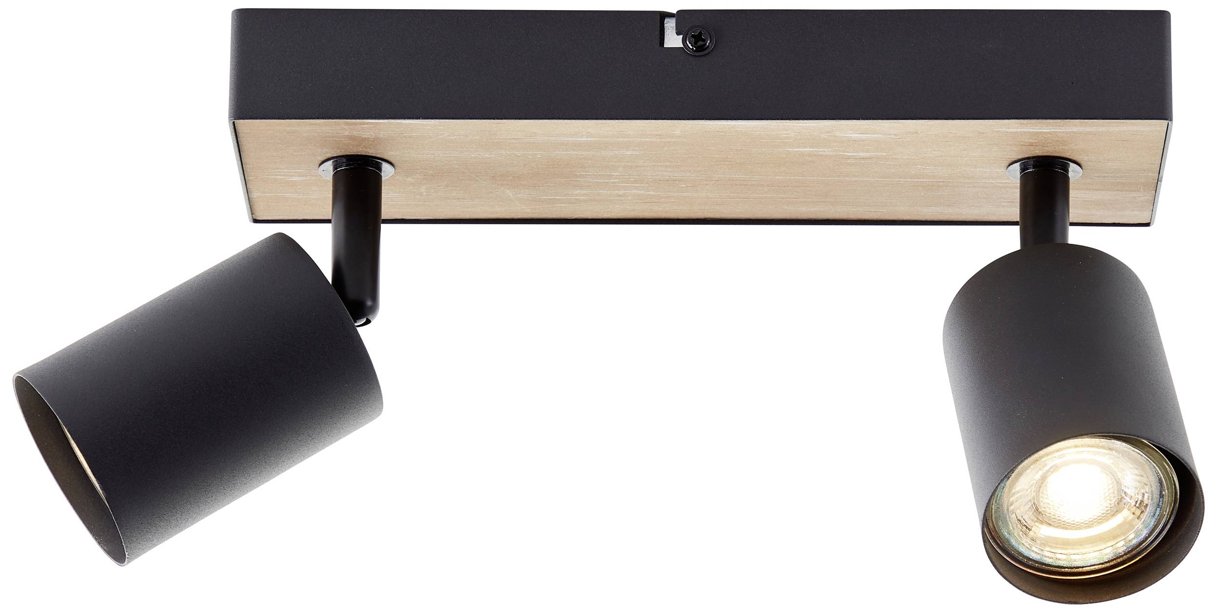 Stropné svietidlo s dvoma čiernymi reflektormi namontovanými na obdĺžnikovom drevenoá podstavci; jeden reflektor svieti.