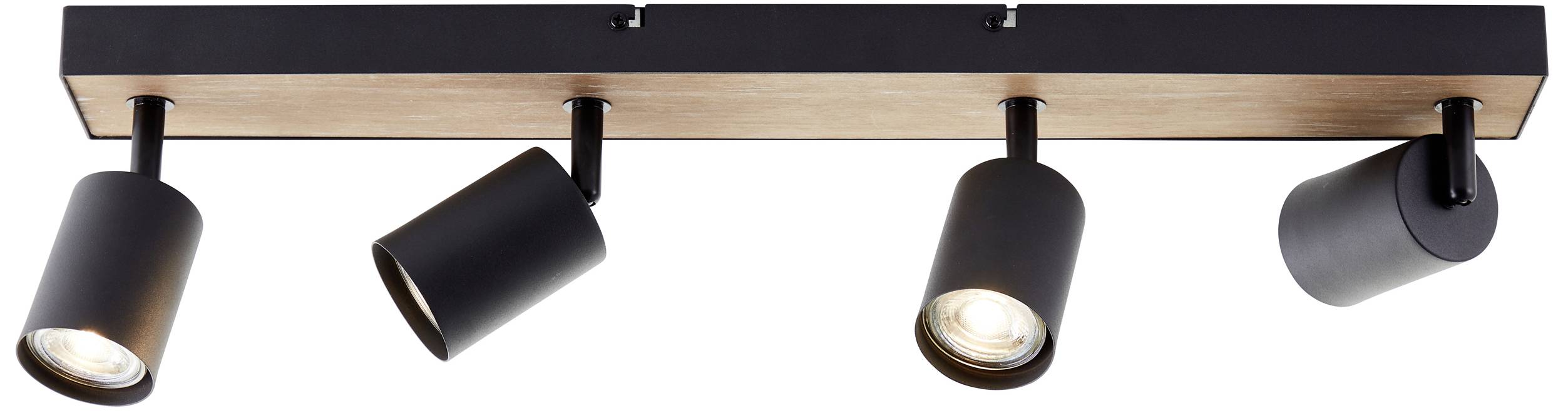 Čierne stropné svietidlo so štyrmi nastaviteľnými svetlometmi namontované na drevenej doske, ktoré smerujú do rôznych smerov.