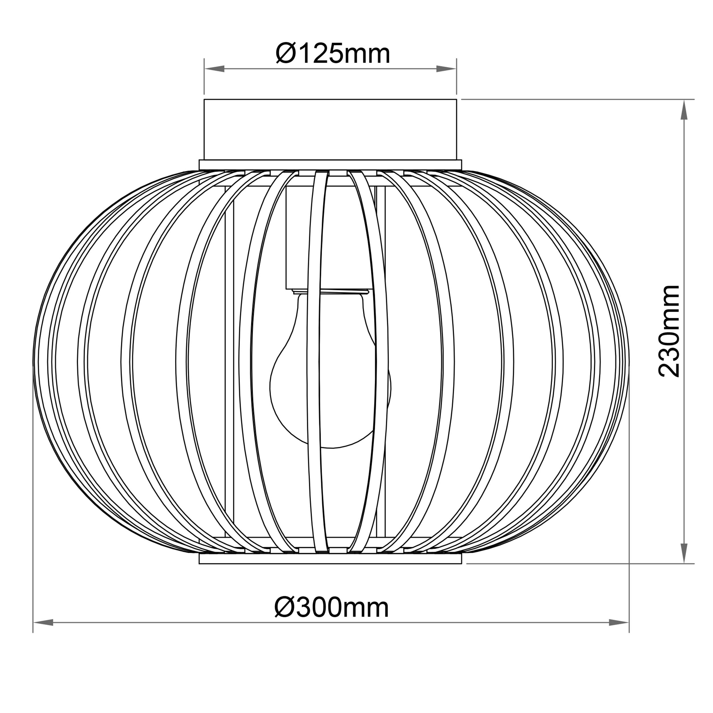 Nákres okrúhlej lampy s drôteným rámom a viditeľnou žiarovkou. Rozmery: priemer 300 mm, výška 230 mm, plocha stropu pre uchytenie 125 mm.