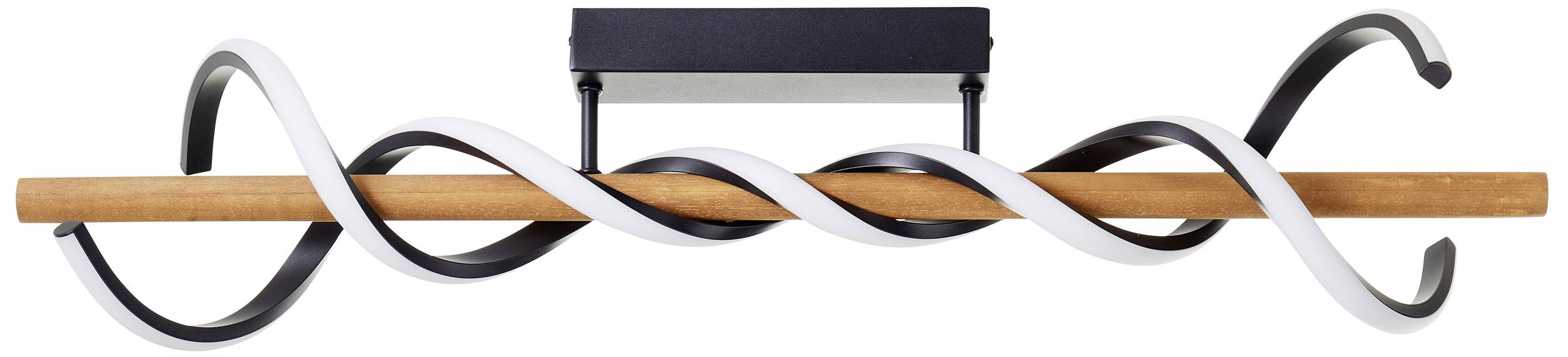 Moderná LED stenová lampa so špirálovou dizajnom, pozostávajúca z drevenej tyče a čierno-bielych kovových pásov, pripevnená na bielom držiaku na stenu.