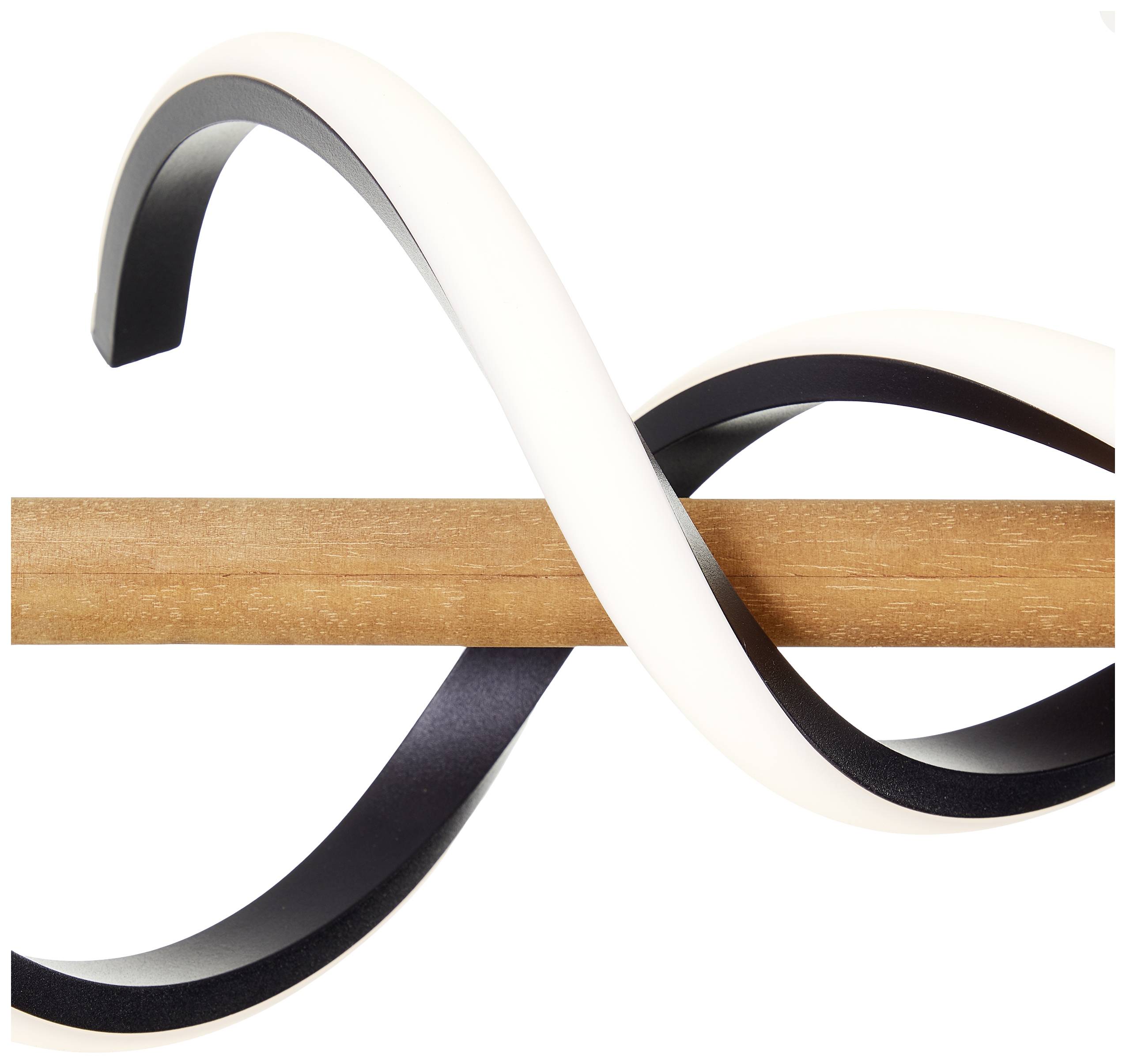 Moderný, oblúkovitý umelecký objekt z dreva a čierneho materiálu, ktorý opisuje špirálový tvar.