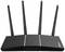 Čierny WLAN router so štyrmi anténami, symetricky usporiadanými.