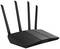 Čierny, moderný WLAN router so štyrmi anténami stojí vzpriamene, pričom jeho dizajn naznačuje vysoký výkon a dosah.