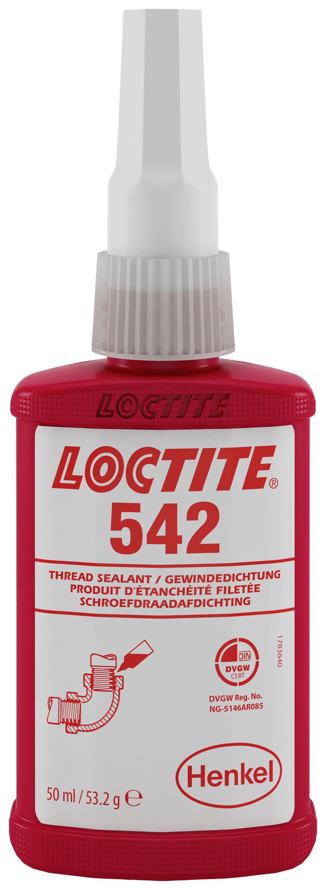 Červená fľaša Loctite 542, 50 ml, tesnenie závitov. Potlačená nápisom 'Henkel'. Používa sa na tesnenie kovových závitov proti únikom.