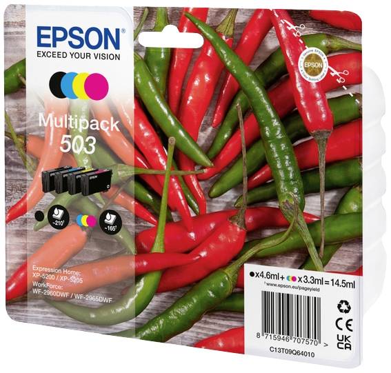 Niekoľko červených a zelených paprikových luskov na obale atramentových cartridgí Epson 503 Multipack, vhodných pre určité modely tlačiarní.